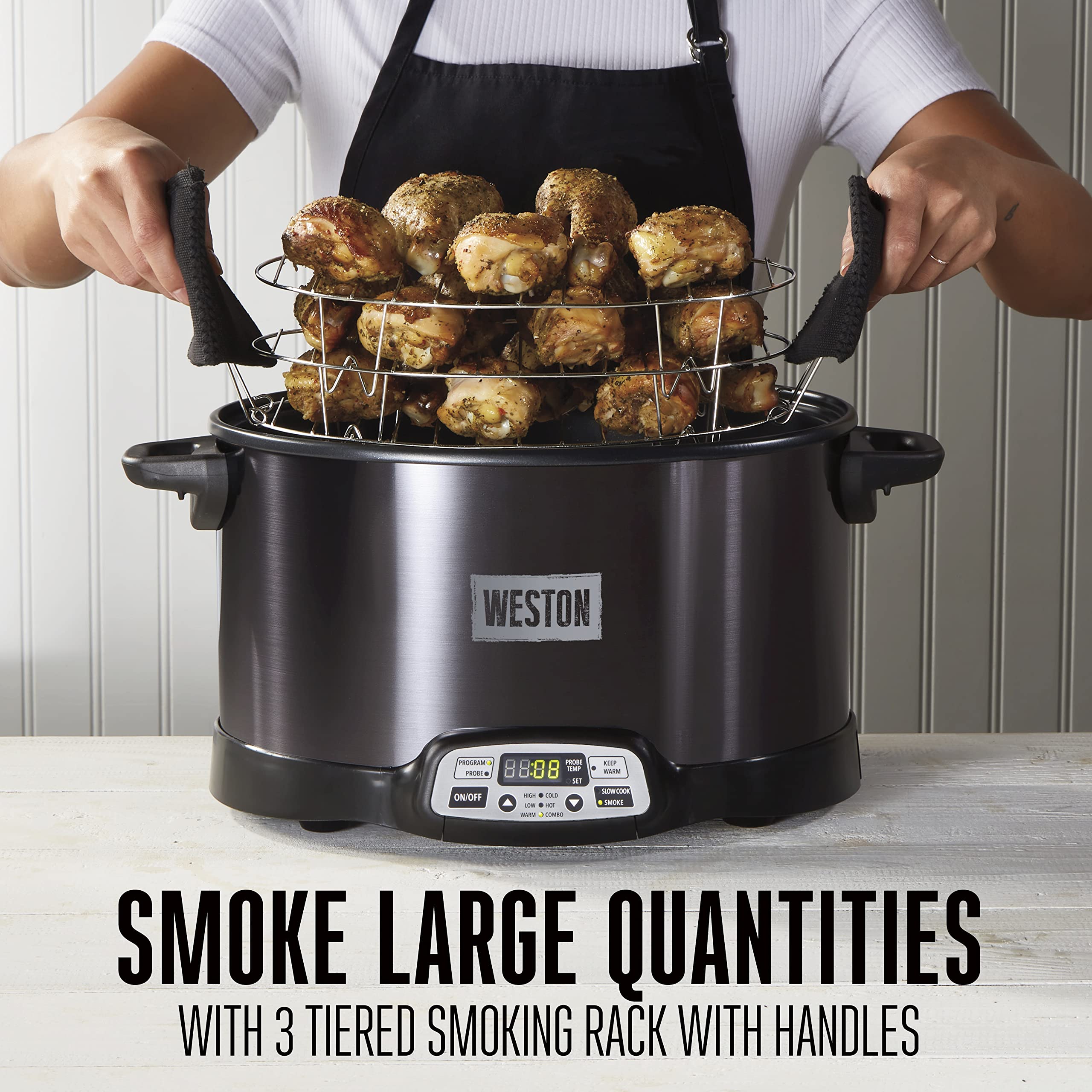Weston Brands 2-in-1 Indoor Electric Smoker & Programmable Slow Cooker - 6 Quart Capacity with 3-Tier Smoking Rack for Meat, Cheese, Fish & More - Dishwasher Safe Crock & Temperature Probe - Perfect for Home Cooking, BBQ Parties & Meal Prep (Black, Model 03-2500-W)