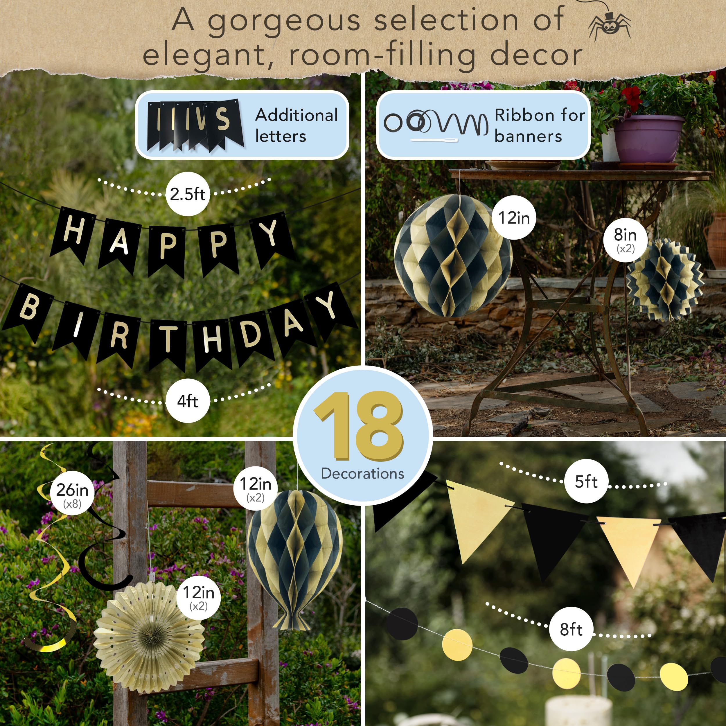 Premium Reusable Black & Gold Happy Birthday Decorations Set - Elegant Birthday Banner, Honeycomb Balls & Streamers for Women & Men | Perfect for Adult Parties, Milestone Celebrations & Anniversary Decor