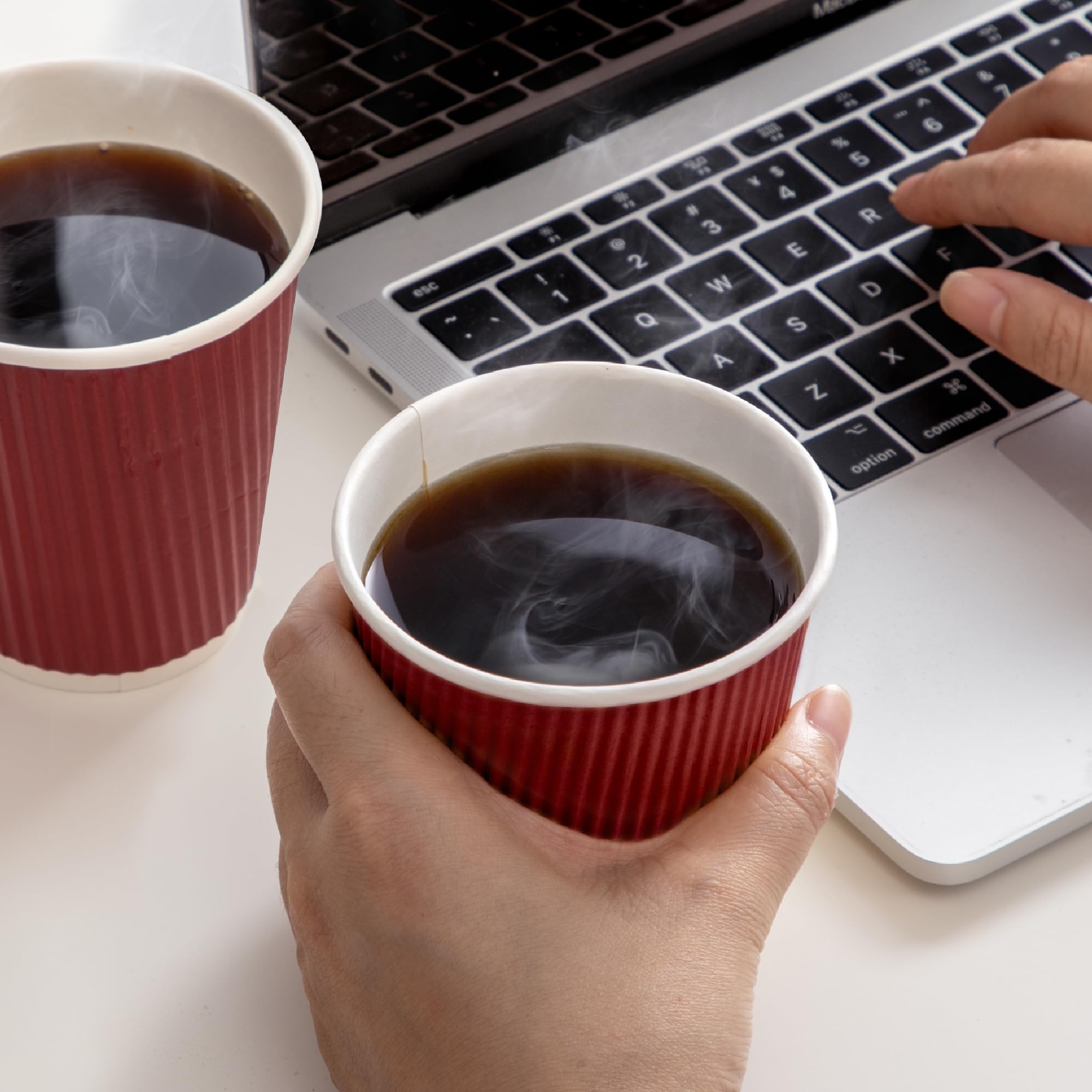 50 Pack 16oz Red Disposable Coffee Cups - Triple Wall Insulated Hot Drink Cups for Coffee, Hot Chocolate & Tea - Travel, Office & Home Use - Eco-Friendly Corrugated Paper Cups (Lids Not Included) - Perfect for Cafes, Takeout & Daily Beverages