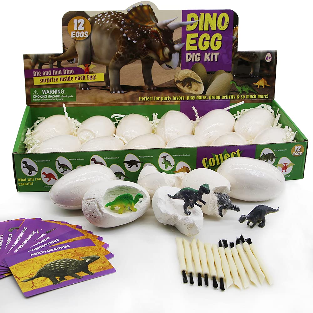 Dinosaur Egg Excavation Kit - 12 Pack Dino Fossil Dig Toys for Kids, STEM Educational Science Activity for Birthday Parties & Easter Egg Hunts - Perfect for Dinosaur Theme Party Favors and Classroom Learning