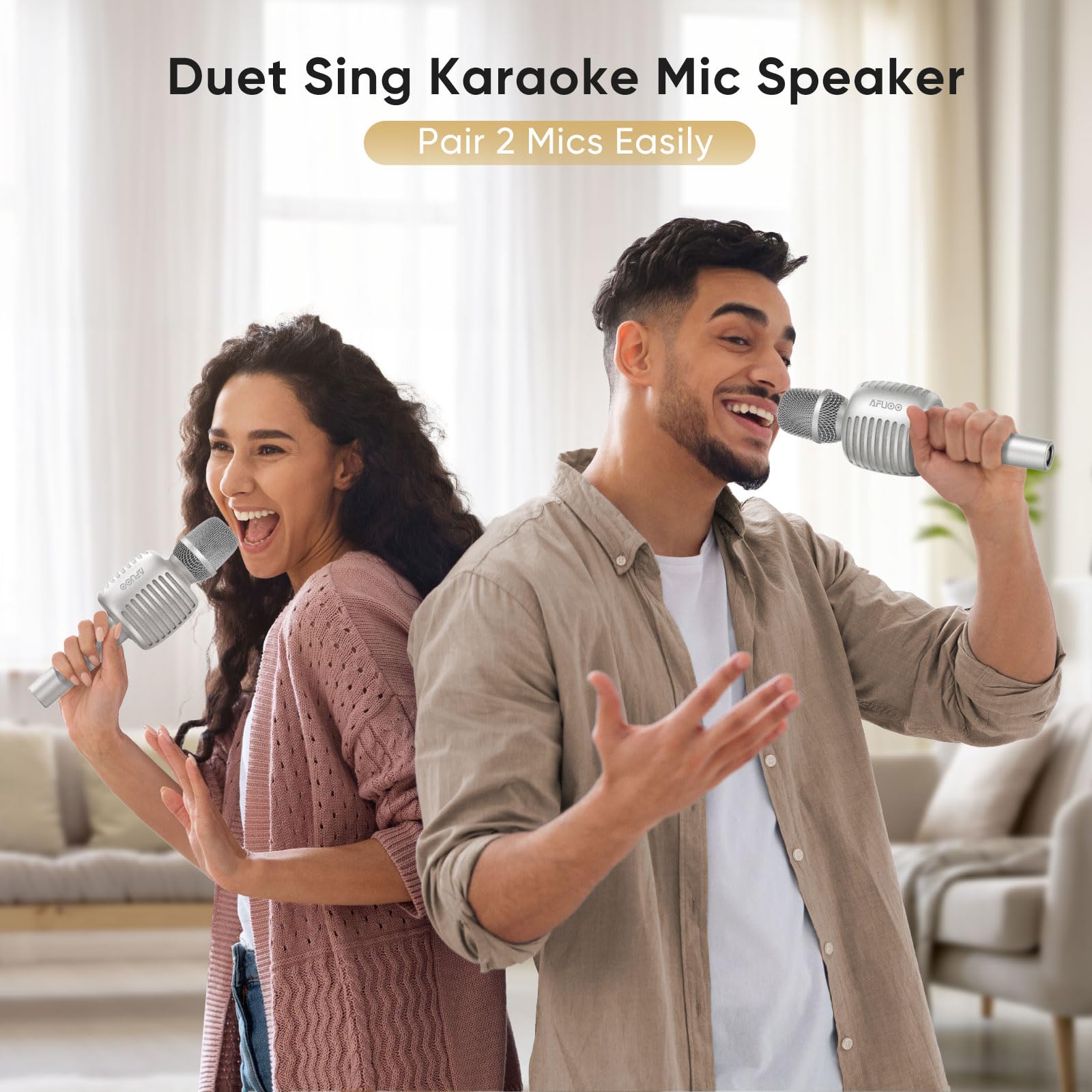Wireless Bluetooth Karaoke Microphone Speaker with Duet Mode & Wireless Charging - Portable Singing Mic for Adults & Kids, Compatible with Smartphone/PC - Perfect for Home Parties, Karaoke Nights & Public Speaking (Silver)