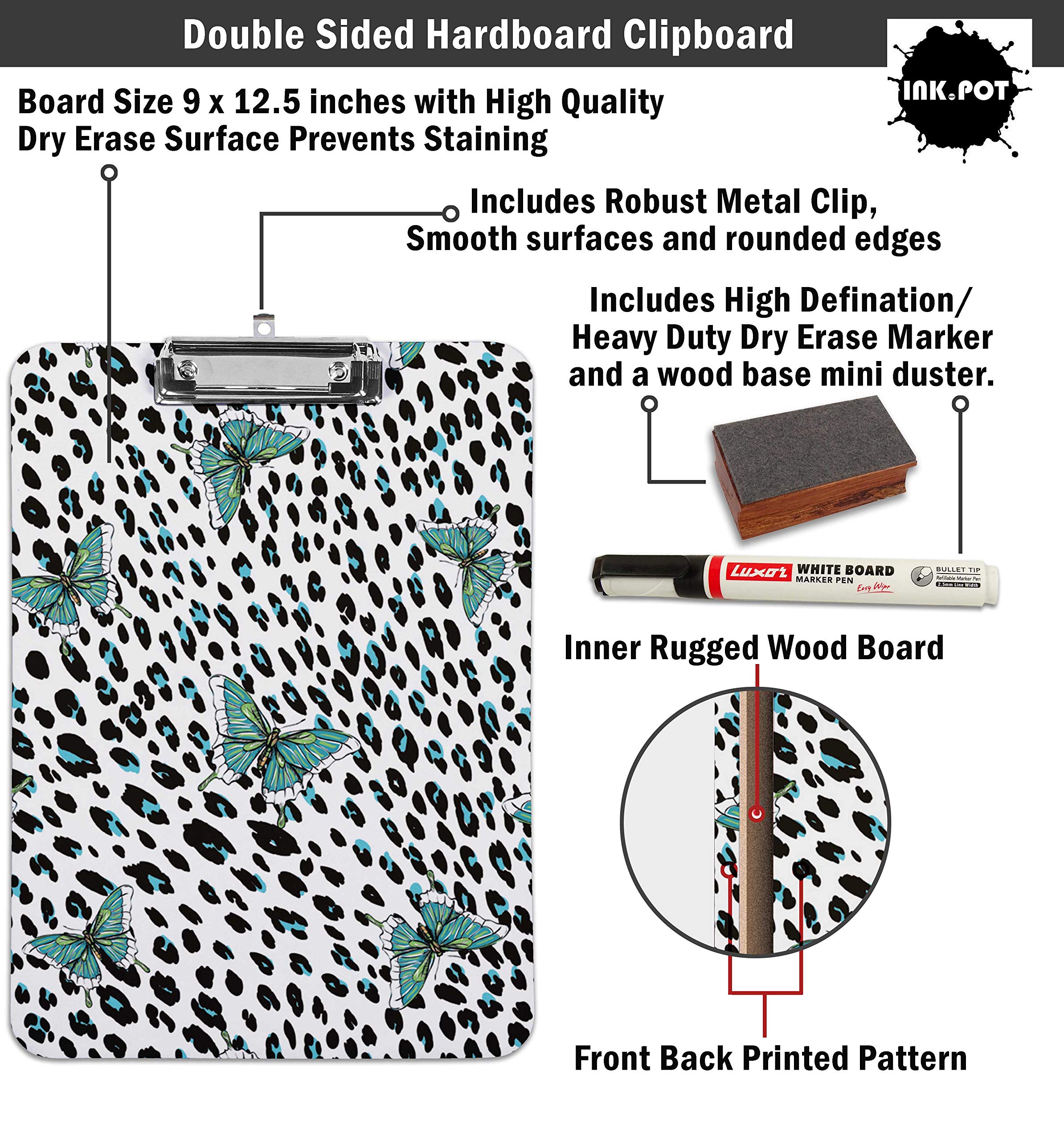 Double Sided Dry Erase Clipboard 9x12.5 - Letter Size with Marker & Duster for Office & School