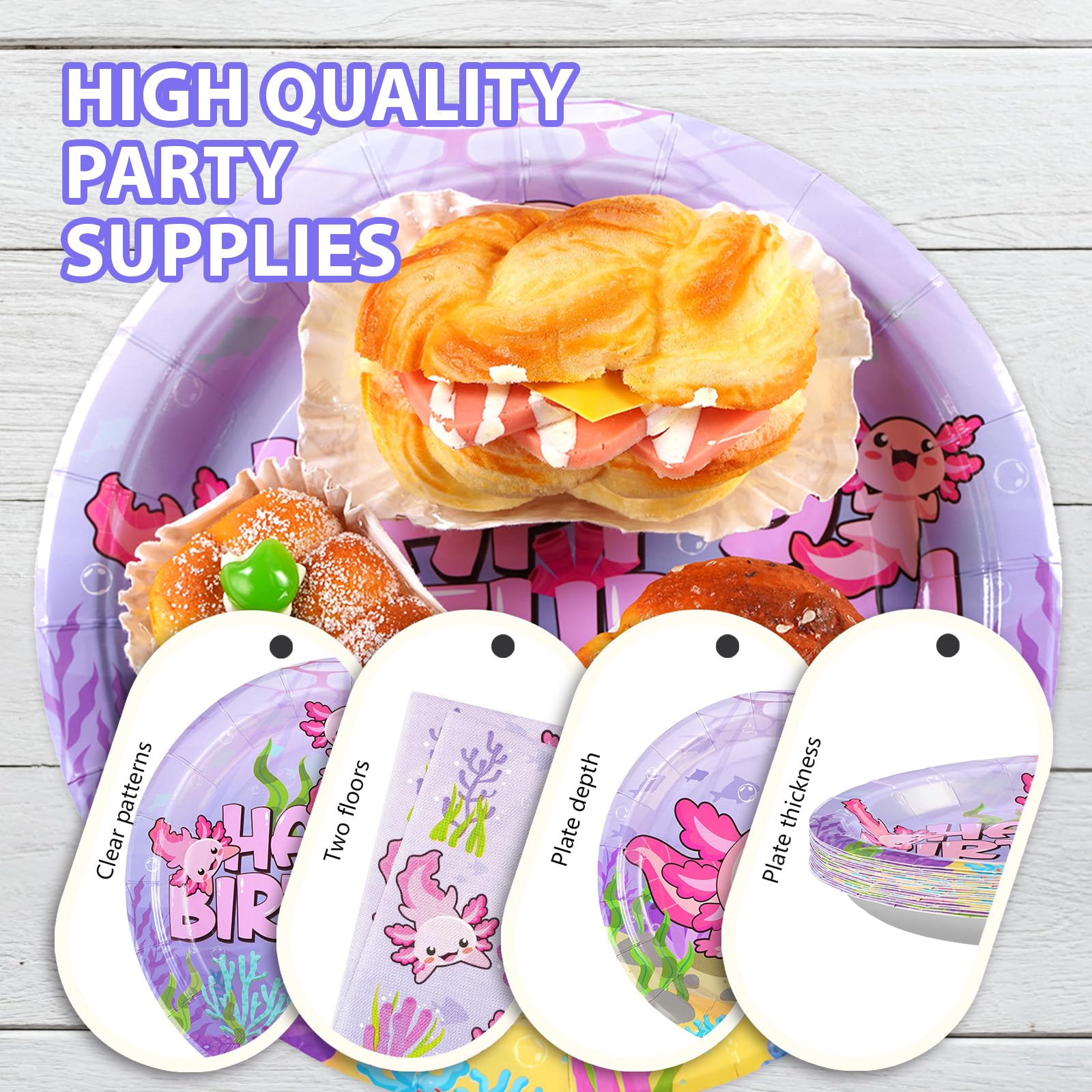 96Pcs Pink Cartoon Axolotl Party Supplies Set - Plates, Napkins & Tableware for Birthday, Baby Shower, Kids Party Decorations - Cute Reptile Animal Theme - Serves 24 Guests - Perfect for Girls' Birthday, Themed Parties & Baby Showers