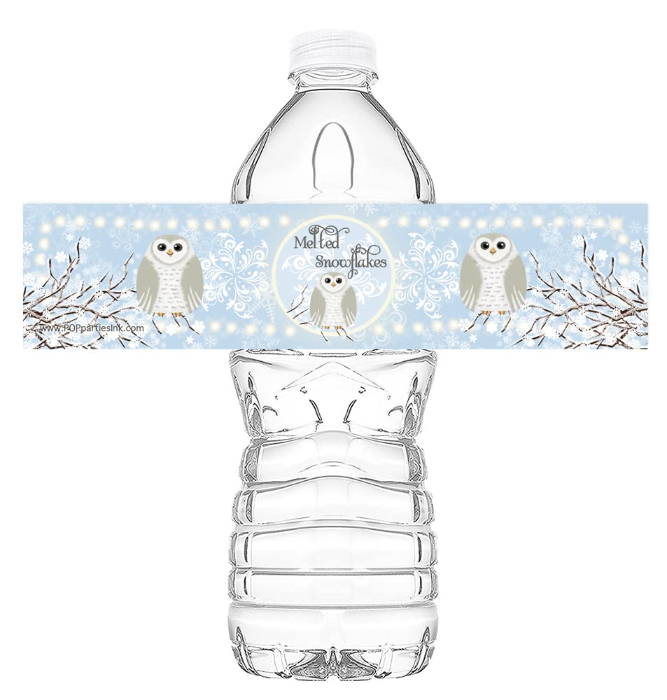 Snowy Owl Party Bottle Labels - 20 Pack Winter Onederland Water Bottle Stickers - First Birthday Party Decorations - Baby Shower Supplies - Winter Theme Party Decor - Blue & White Design - Perfect for Winter Birthday Parties, Baby Showers & Holiday Celebrations