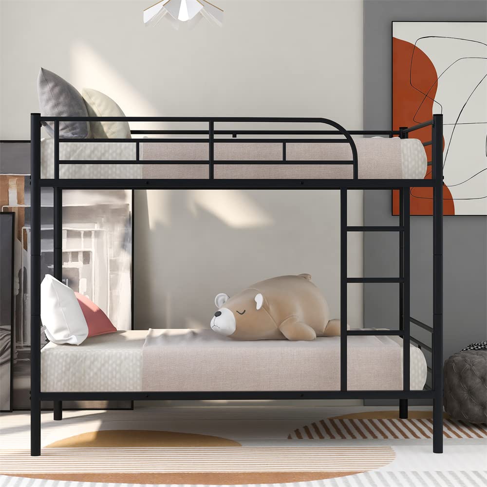 Twin Over Twin Metal Bunk Bed with Storage & Safety Rails - Heavy Duty Space Saving Bunk Bed Frame with Ladder, Convertible to 2 Separate Beds (Black) - Perfect for Kids' Rooms, Dorms & Small Spaces - No Box Spring Needed