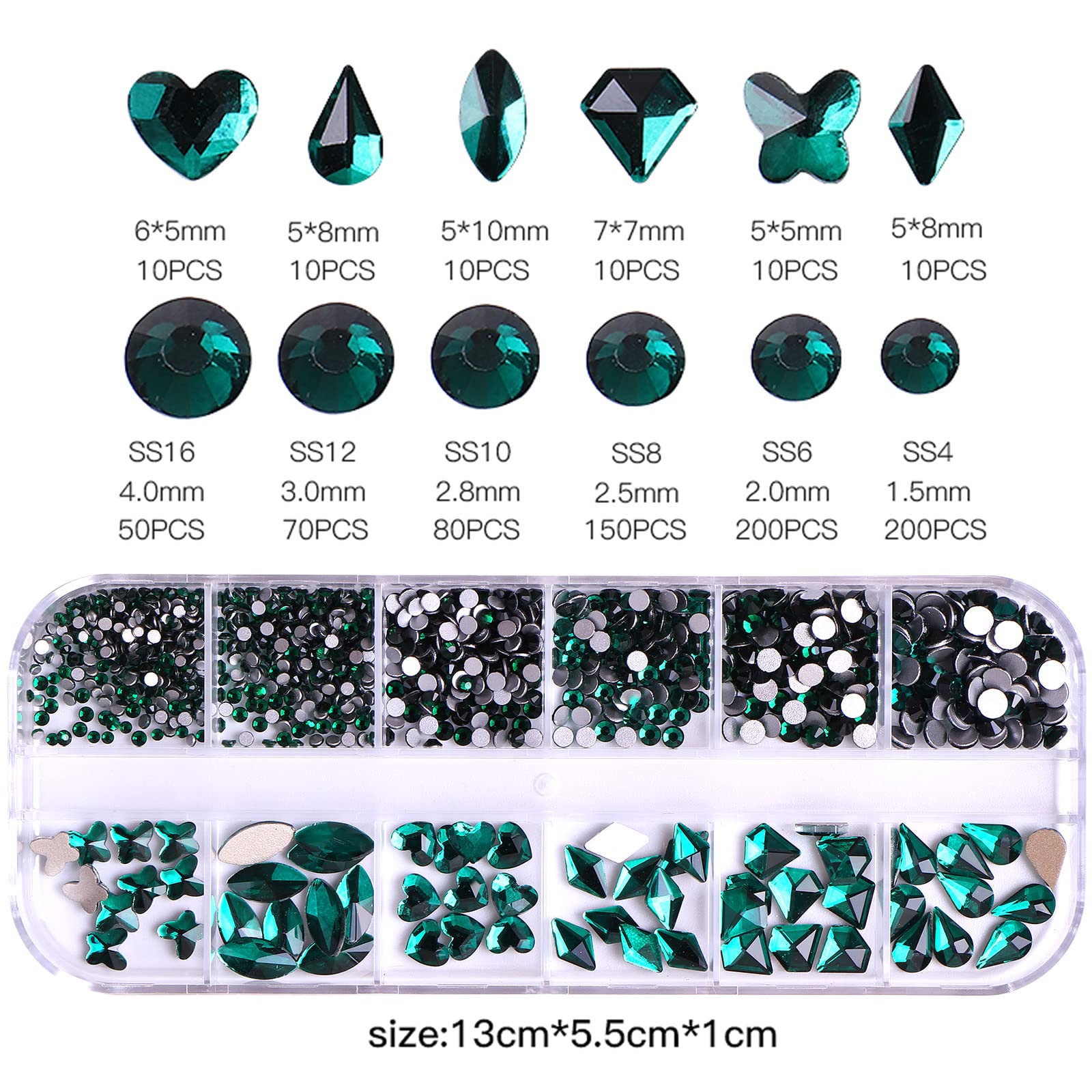 RODAKY 810Pcs 3D Rhinestones for Nails - 6 Shapes Flatback Gems, Nail Art Rhinestone Beads for DIY Nail Design, Makeup & Jewelry Crafting (Green) | Perfect for Salon, Home Manicure, Party & Wedding Nail Decorations