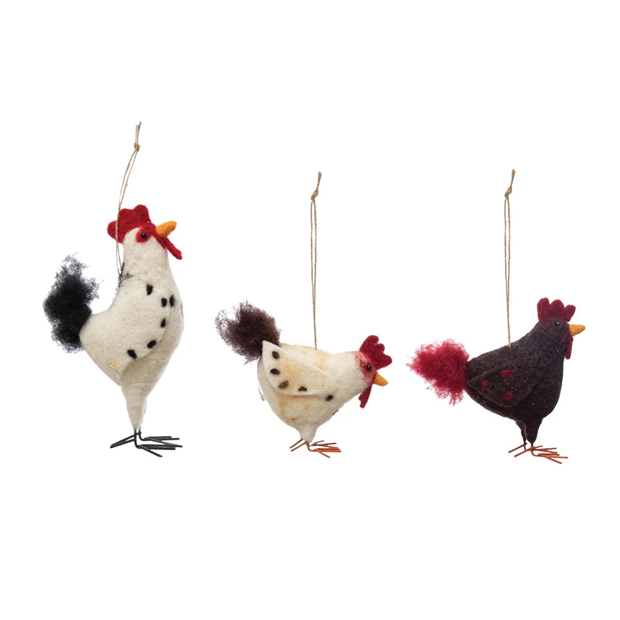 Handmade Wool Felt Chicken Ornament Set - 3 Adorable Rooster & Hen Designs for Christmas Tree Decor, Farmhouse Style Home Decor, and Seasonal Gift Giving