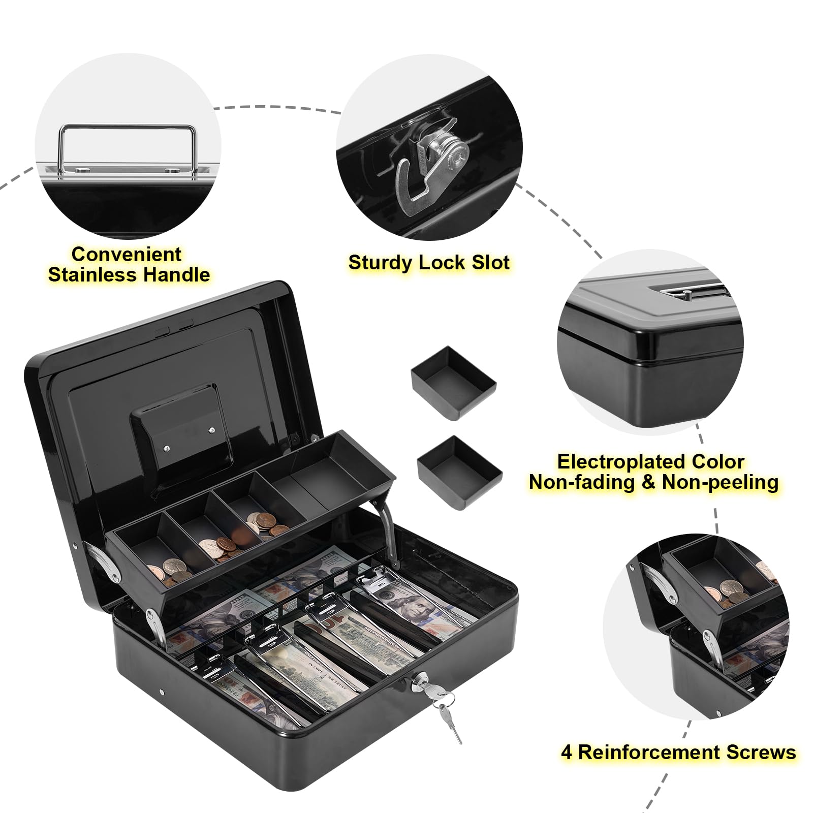 Secure Metal Cash Box with Lock & 2 Keys - Large Portable Money Safe with Cash Tray, 4 Bill/5 Coin Slots (11.8