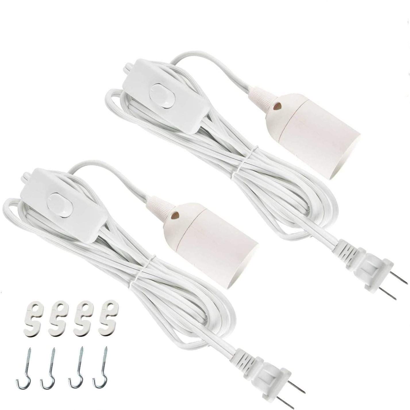 Simple Deluxe 20ft Extension Cord for Hanging Pendant Light - E26 Socket with On/Off Switch (Bulb Not Included) - 2 Pack White - Perfect for Kitchen Island, Dining Room, and Bedroom Lighting