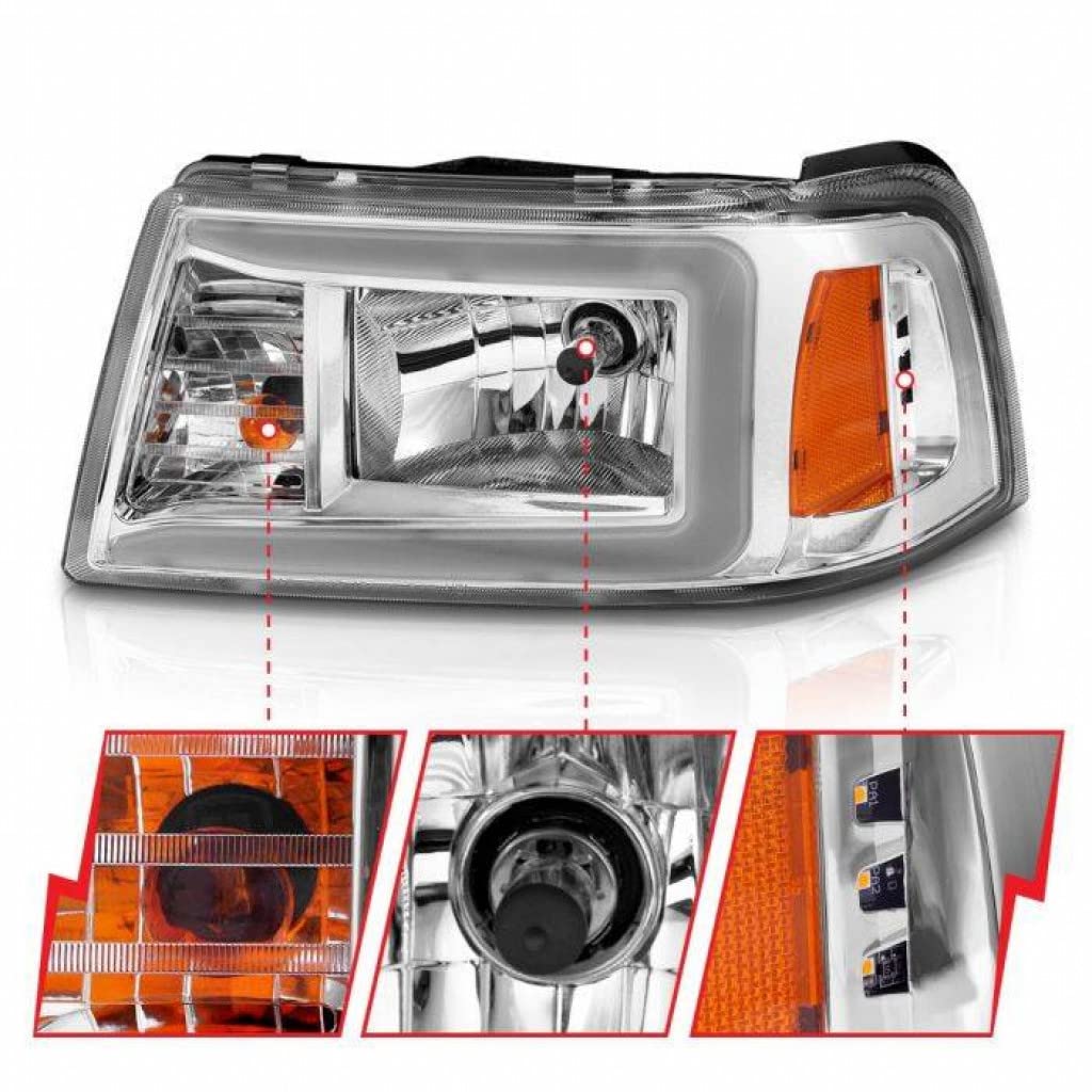 ANZO Crystal Headlights for Ford Ranger 2001-2011 with LED Light Bar & Chrome Housing | 111512 | Upgrade Your Truck's Style & Night Visibility