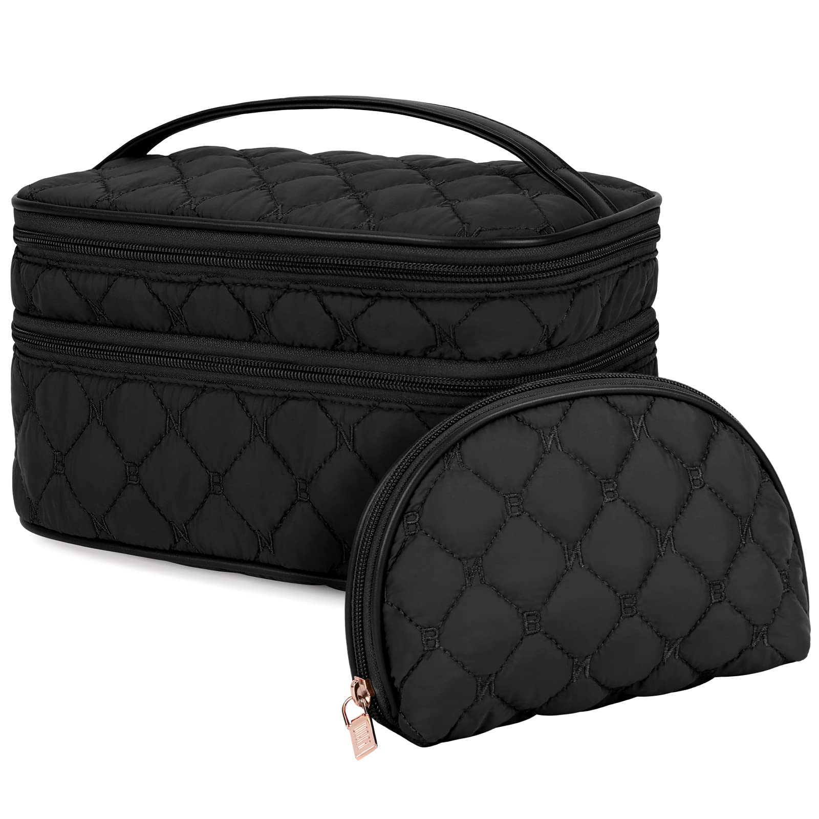 NUBILY Large Waterproof Makeup Bag for Women - Double Layer Cosmetic Organizer, Portable Toiletry Bag, Travel Vanity Case (Black) - Perfect for Travel, Gym, and Daily Makeup Storage