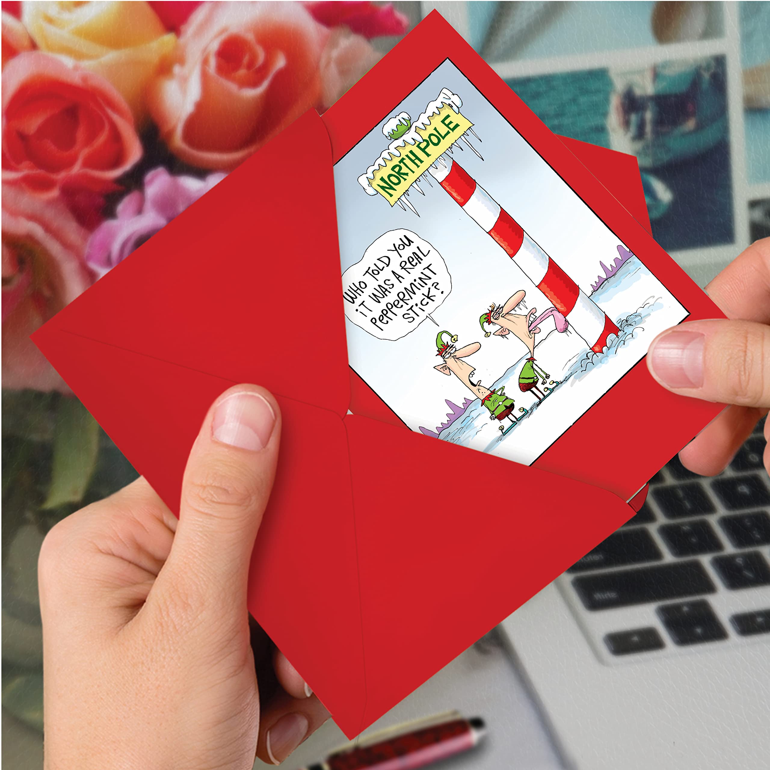 NobleWorks - 12 Pack Funny Christmas Cards with Envelopes - Holiday Humor Cartoon Greeting Cards (1 Design, Boxed Set) - Frozen Tongue B2477XSG - Perfect for Office Parties, Family Gatherings & Secret Santa Exchanges