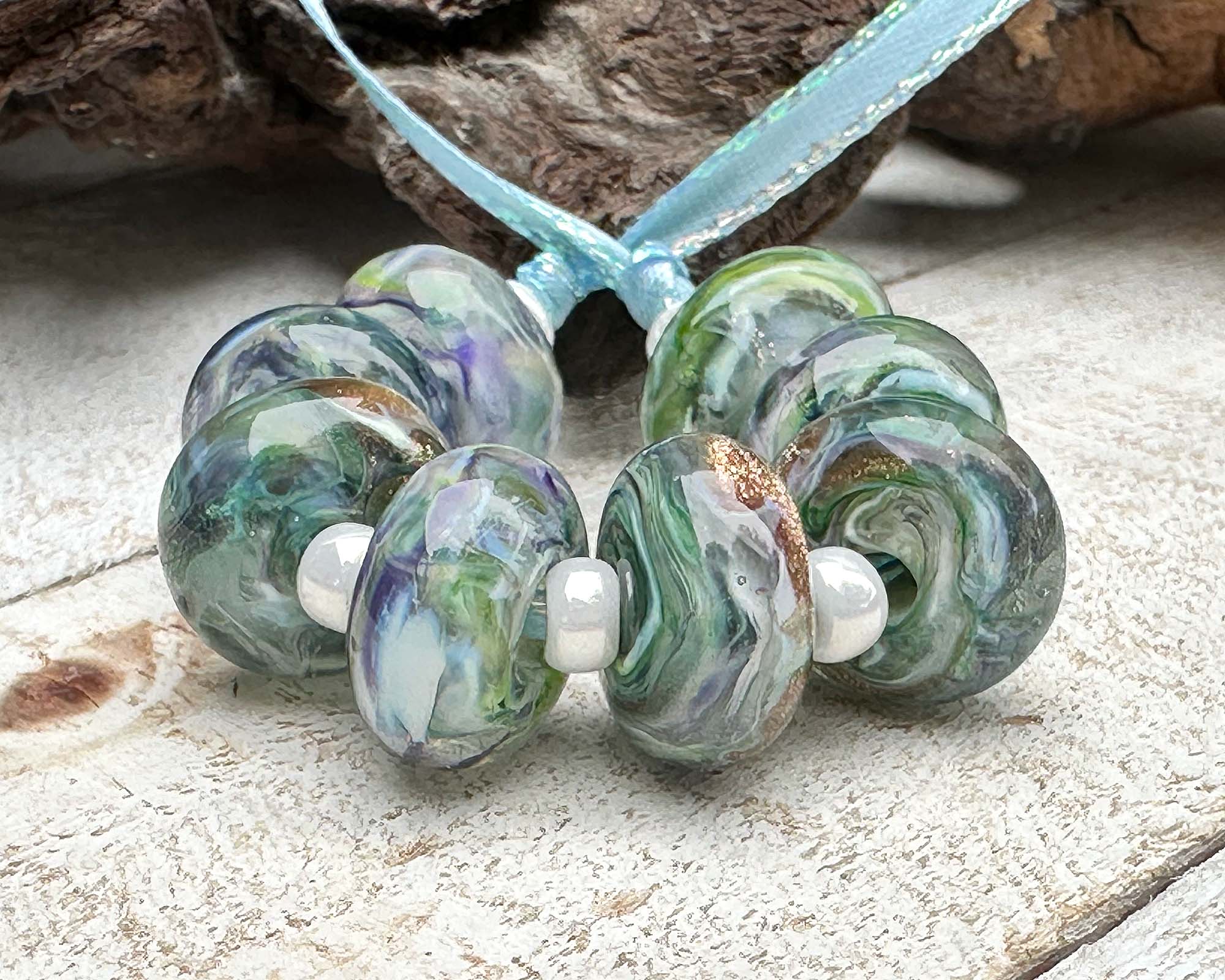 8 Peacock Swirl Shimmer Lampwork Glass Beads Set - SRA Certified Handmade Beads for Jewelry Making, DIY Crafts & Gift Giving