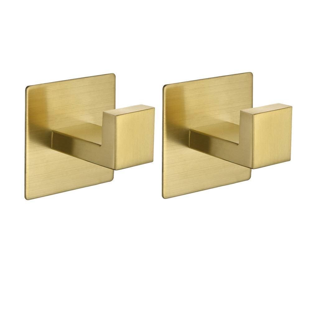WOLIBEER Self-Adhesive Gold Wall Hooks - No Drill Bathroom & Kitchen Towel Hooks, Door Hooks, Robe Hooks (2 Pack) - Perfect for Hanging Towels, Robes, and Keys in Bathrooms, Kitchens, and Entryways