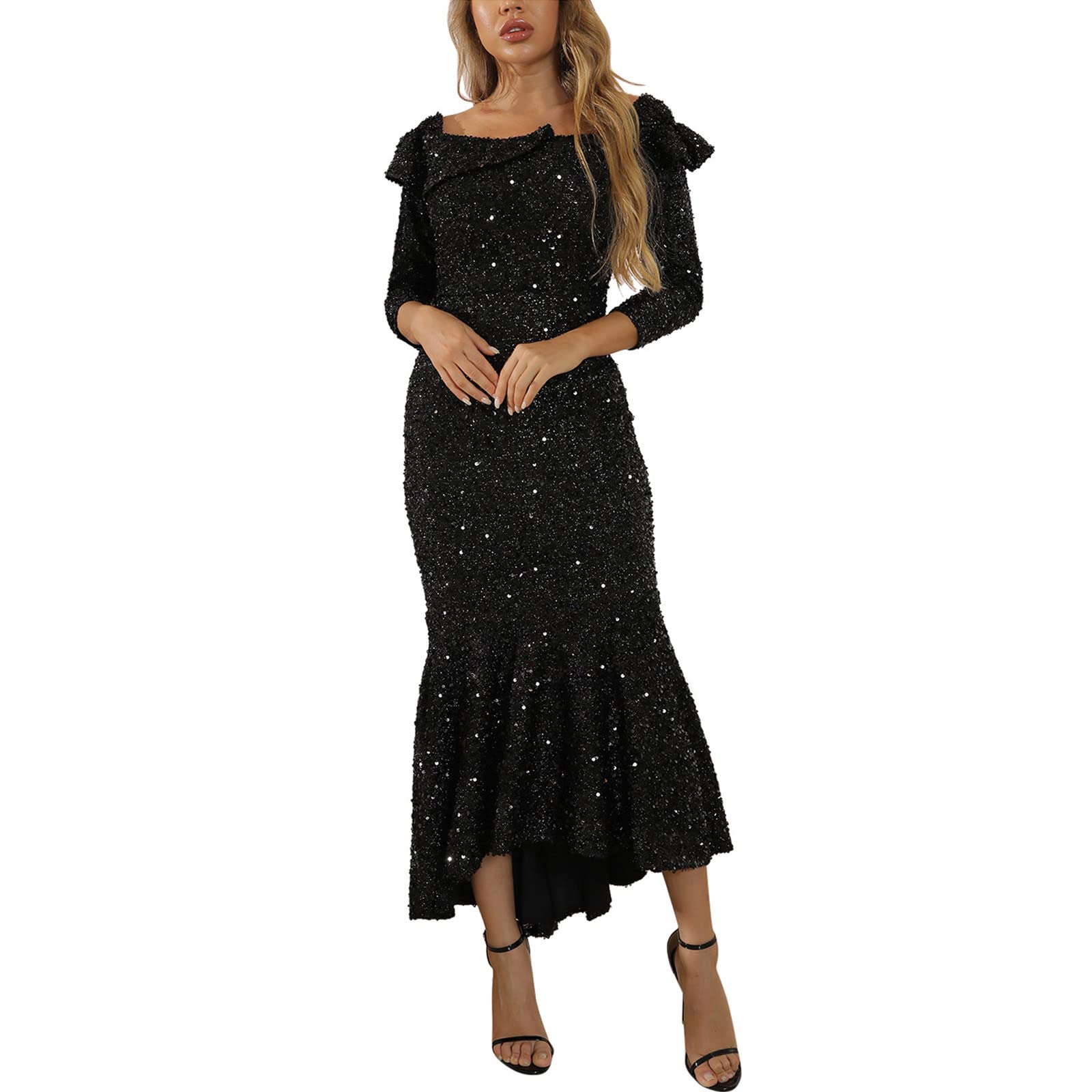 Swqotoq Women's Sequin Party Dress - Long Sleeve Evening Gown with O-Neck for Christmas, New Year & Holiday Celebrations | Elegant Slim Fit Formal Dress for Cocktail Parties, Prom & Special Occasions