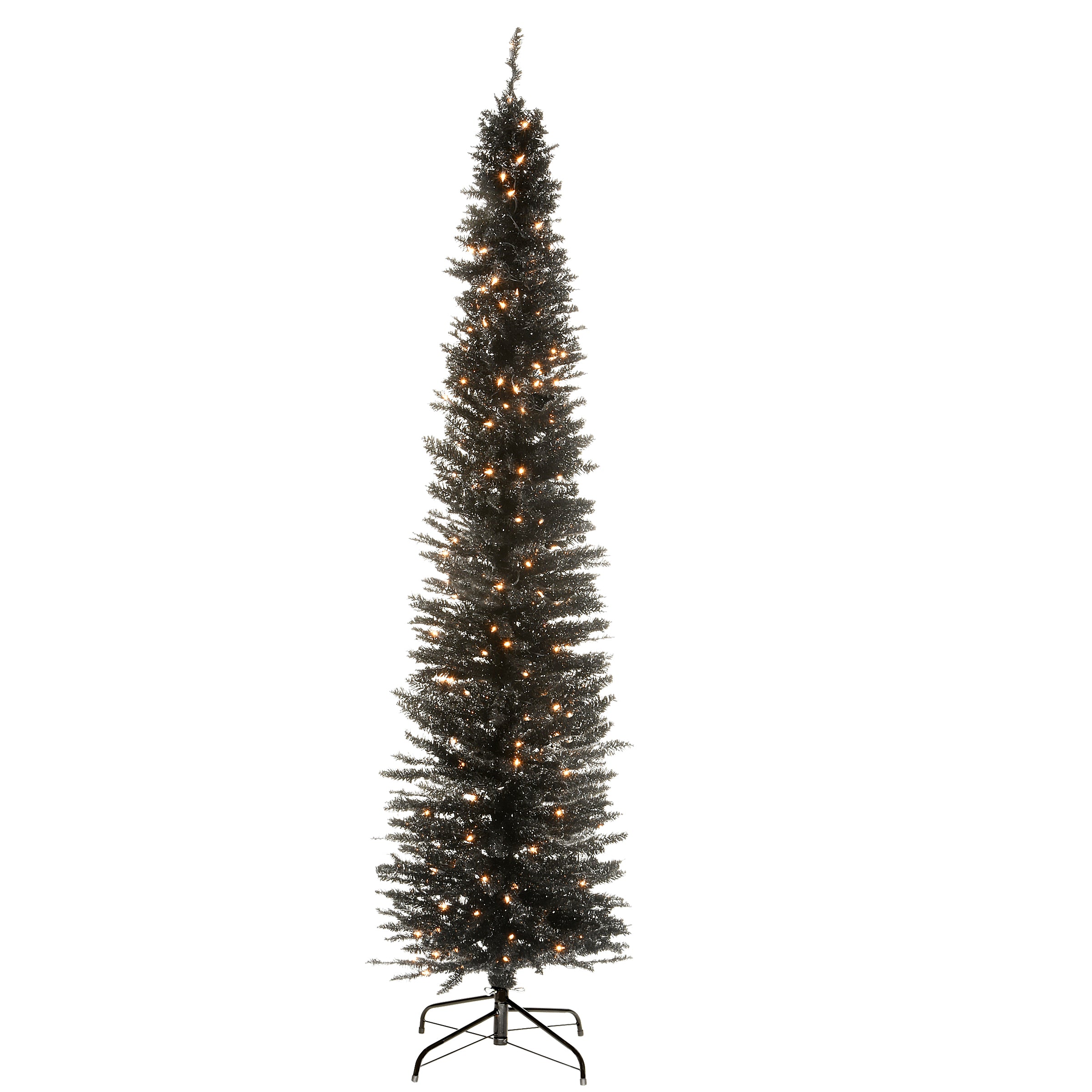 7 ft Pre-Lit Artificial Christmas Tree with Clear Lights - Black Tinsel Collection for Holiday Home Decor, Office, and Party Decoration