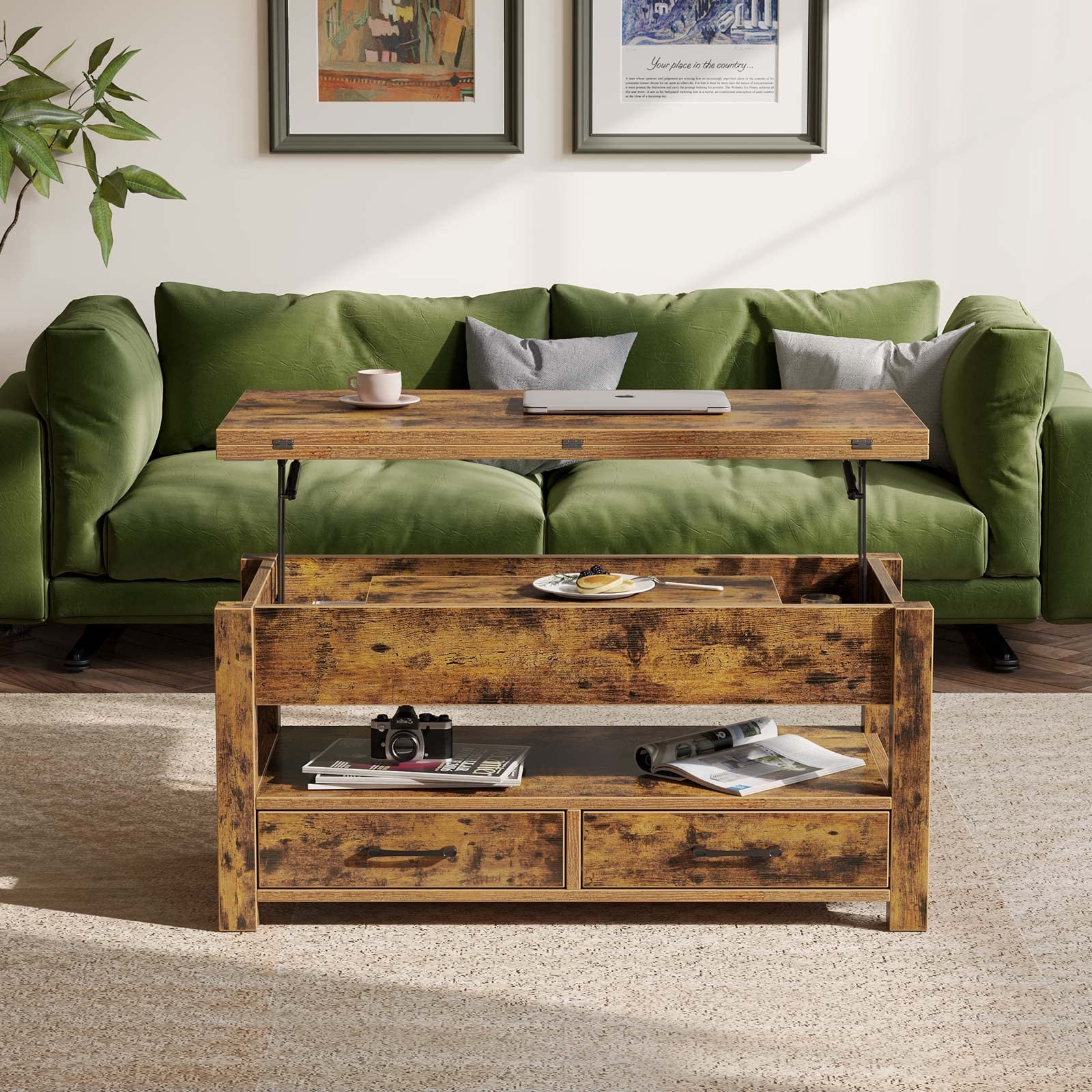 Rolanstar Lift Top Coffee Table with Drawers - Convertible Rustic Brown Coffee to Dining Table - Hidden Storage Compartment - Perfect for Living Room, Home Office & Small Spaces