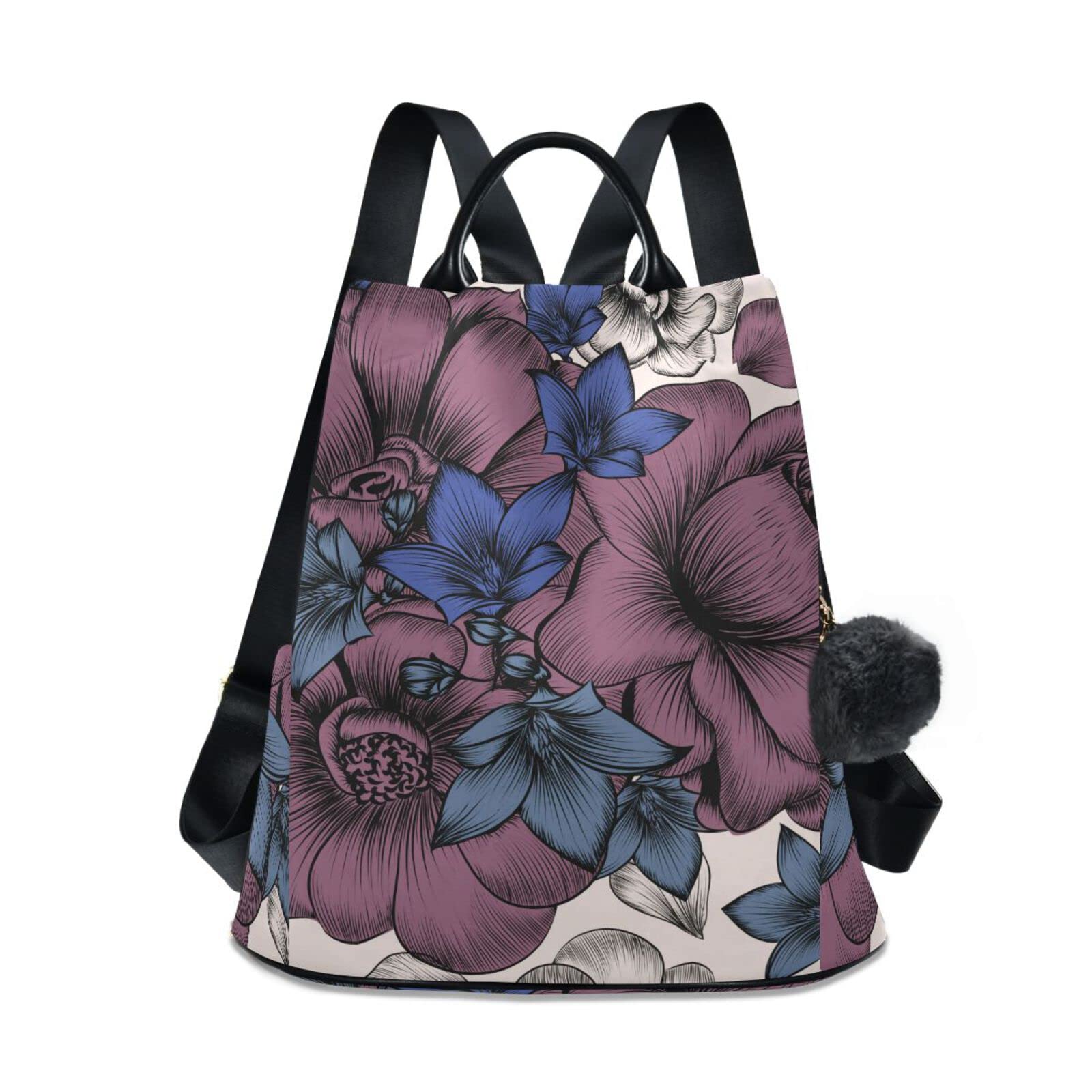 Vintage Purple Floral Print Women's Casual Backpack - Anti-Theft School & Travel Laptop Bag (15 Inch) with Fuzzy Keychain - Stylish College, Work & Weekend Outing Accessory
