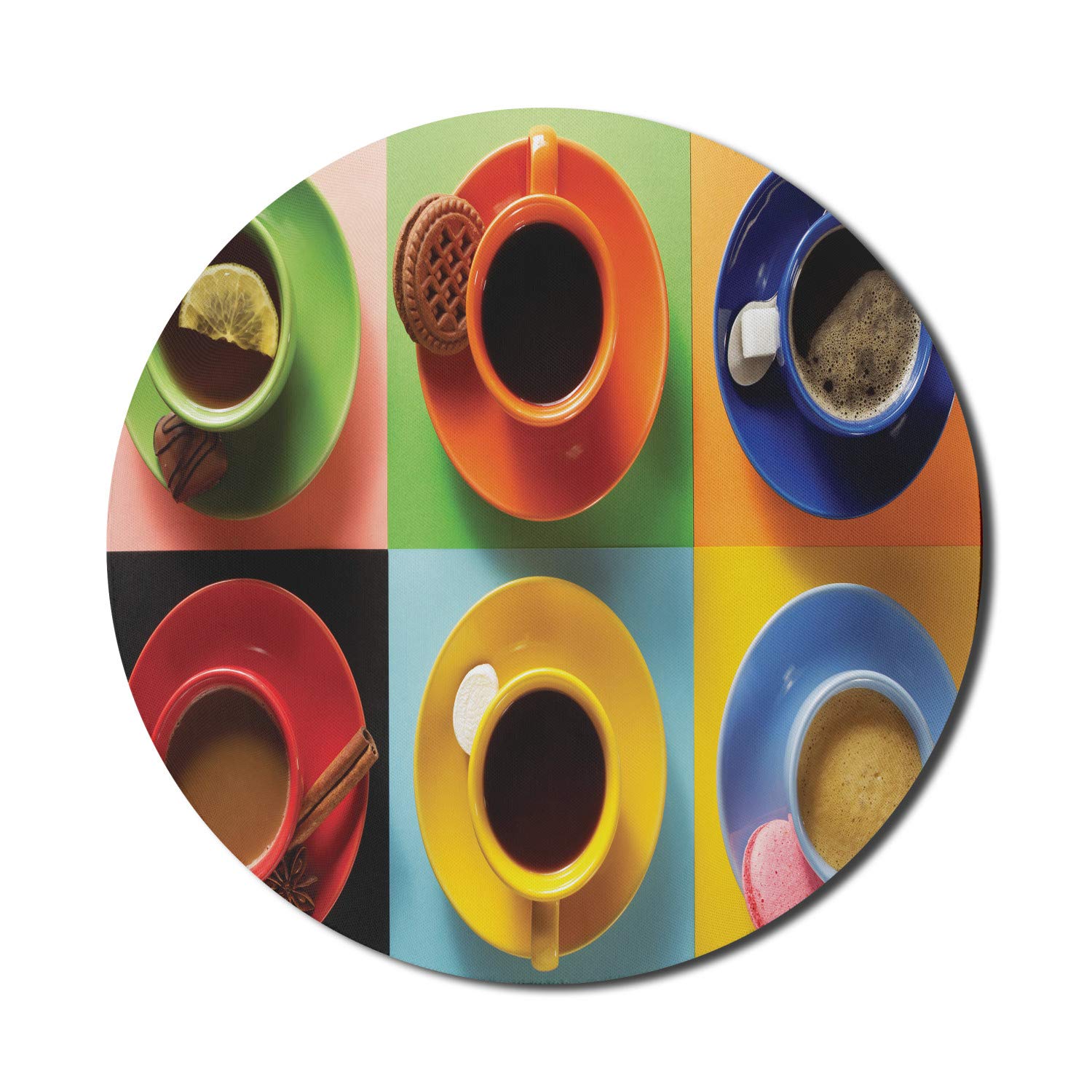 Ambesonne Round Non-Slip Rubber Mouse Pad - 8 Inch Gaming Mousepad with Coffee, Tea & Chocolate Design - Perfect for Office, Home & Gaming Desks - Colorful Dessert Themed Computer Accessory