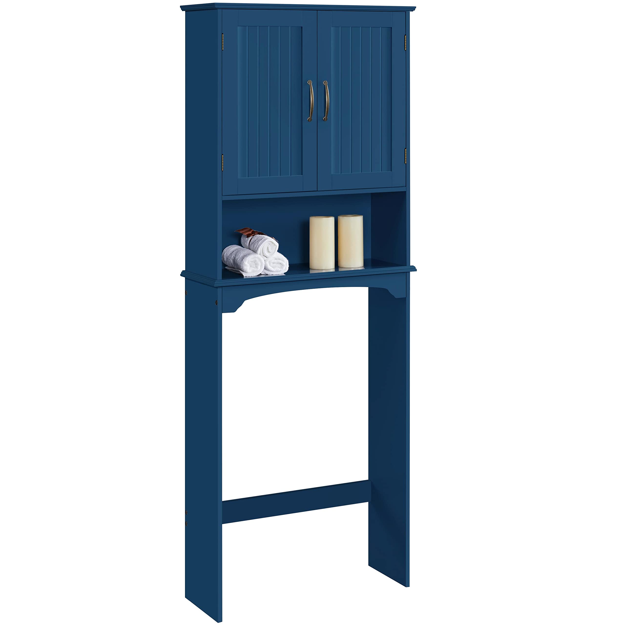 Topeakmart Over The Toilet Storage Cabinet with Double Doors, Adjustable Shelves & Open Shelf - 66 Inch Bathroom Organizer for Towels, Toiletries & Laundry (Navy Blue) - Perfect for Small Bathrooms & Apartment Storage Solutions