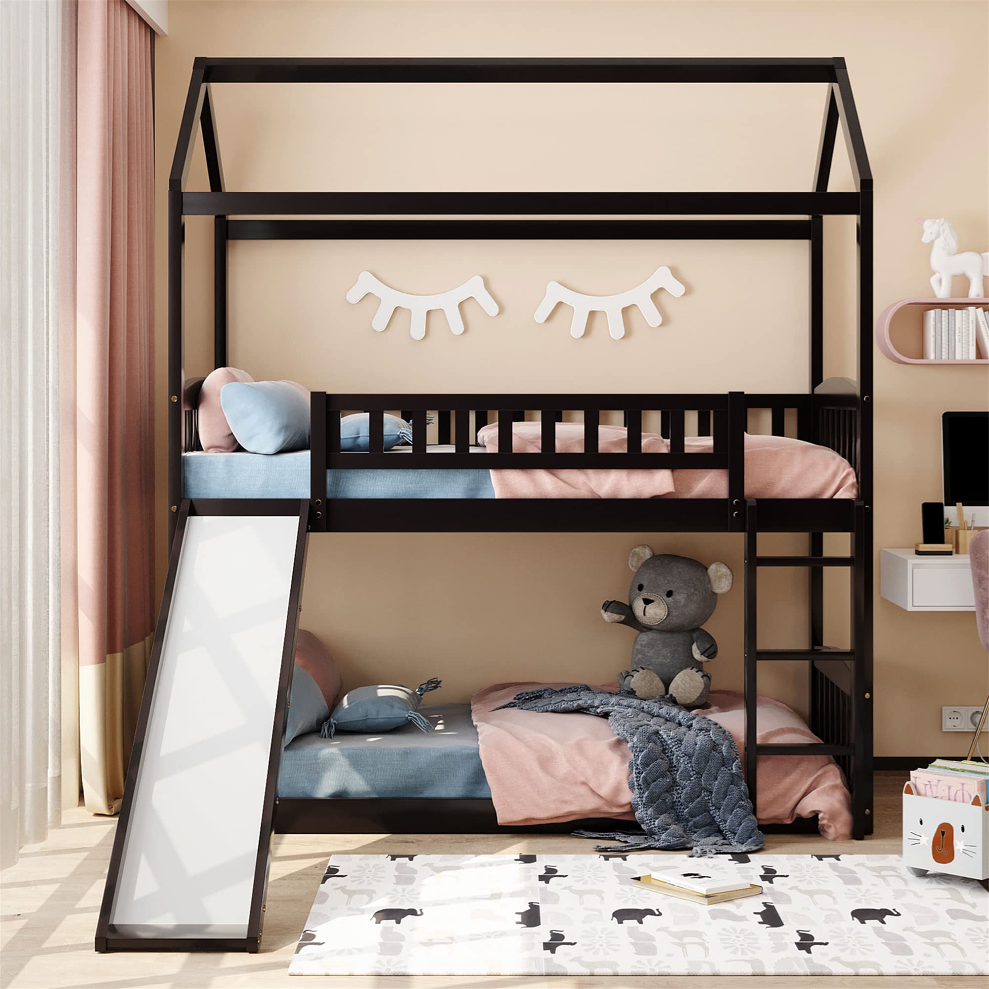 Kids Wooden Twin Over Twin Bunk Bed with Slide - Espresso House Bunk Bed for Boys & Girls - Space-Saving Floor Toddler Bed for Small Rooms & Shared Bedrooms - Perfect for Sleepovers, Playtime & Kids' Bedroom Decor