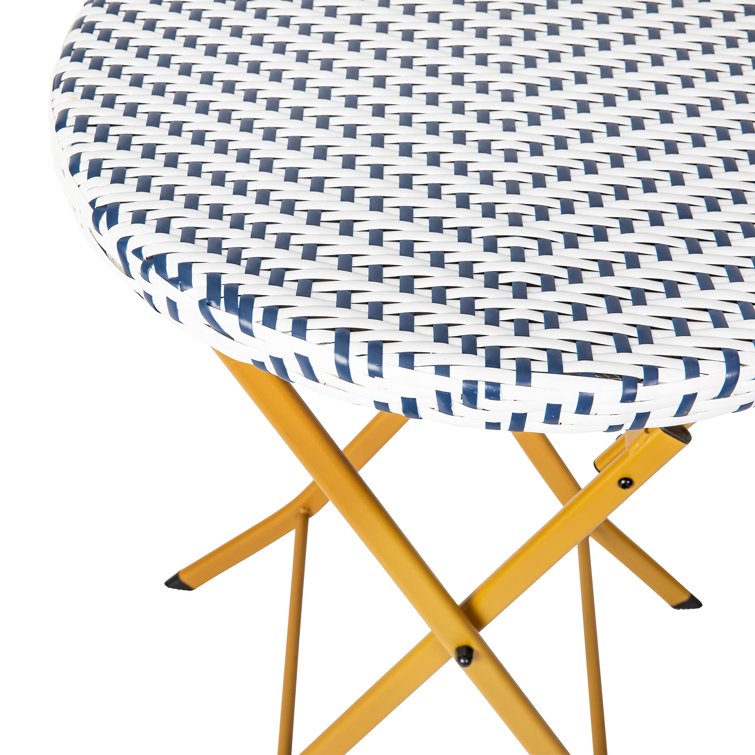 Flash Furniture Rouen Commercial Grade Folding Bistro Set - 3 Piece Indoor/Outdoor PE Rattan Table with Navy/White Cushions & Natural Steel Frame | Perfect for Patio, Garden, Cafe, Restaurant Outdoor Dining