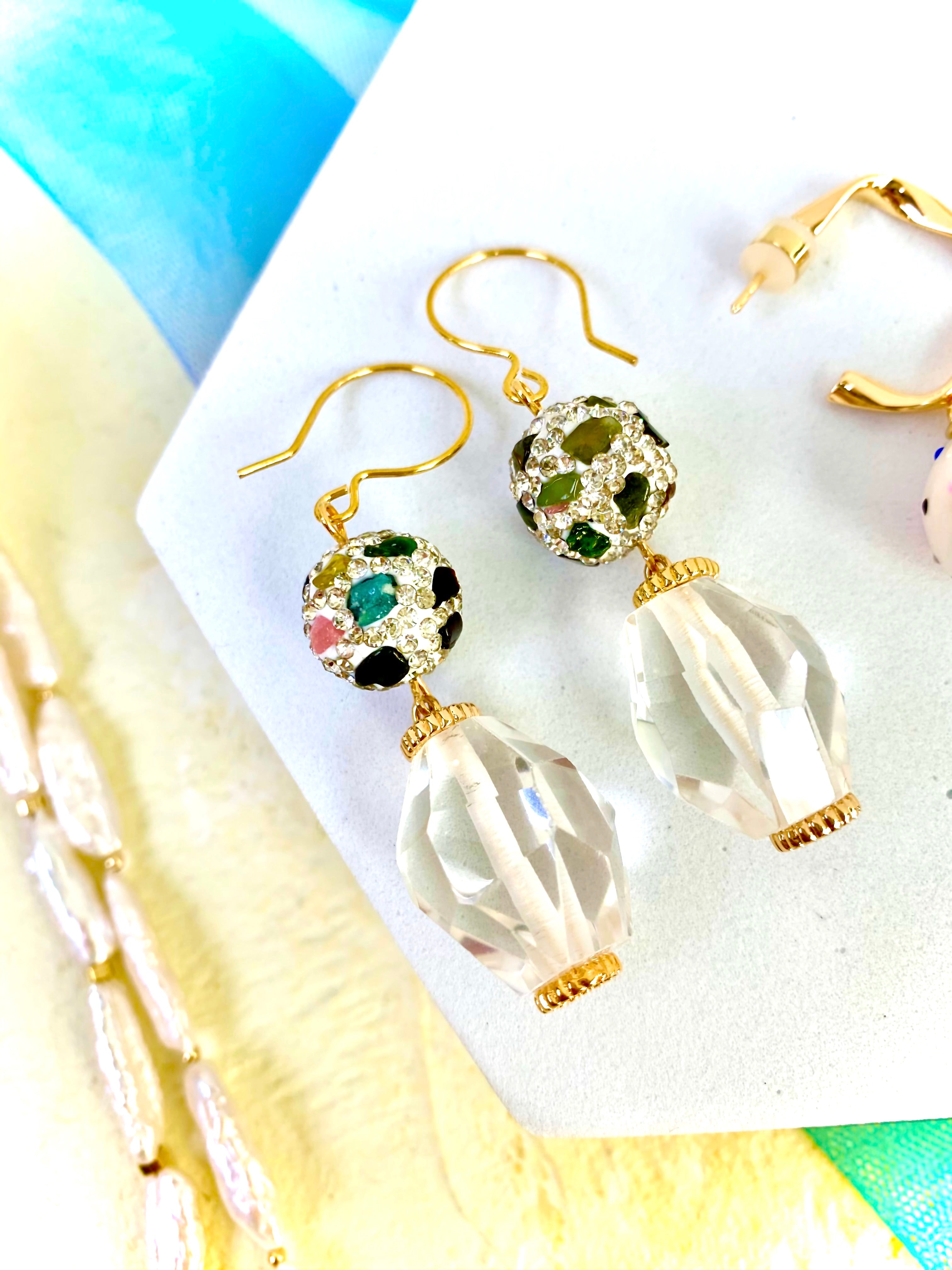White Quartz Rhinestone Bordered Tourmaline Dangle Earrings EE022 - Elegant Statement Jewelry for Parties & Special Occasions