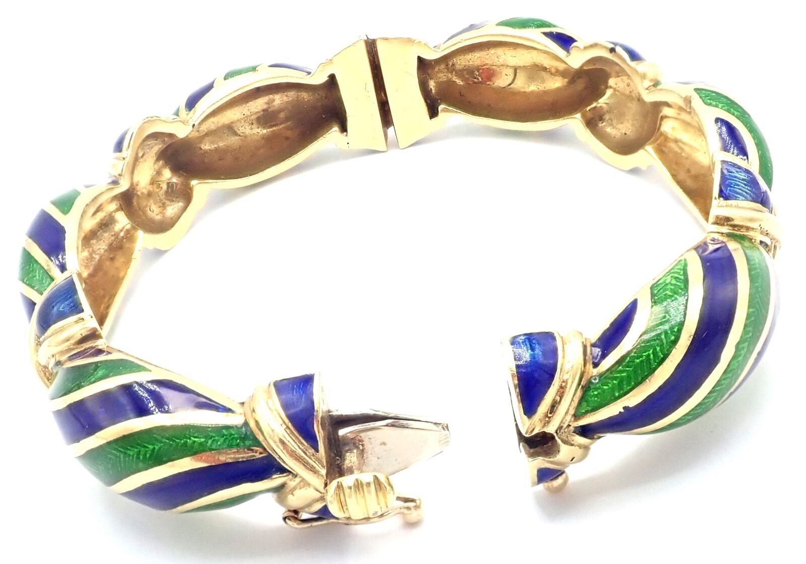 Authentic Vintage Tiffany & Co 18k Yellow Gold Enamel Bangle Bracelet with Green & Blue Design - Perfect for Weddings, Anniversaries & Luxury Gifts