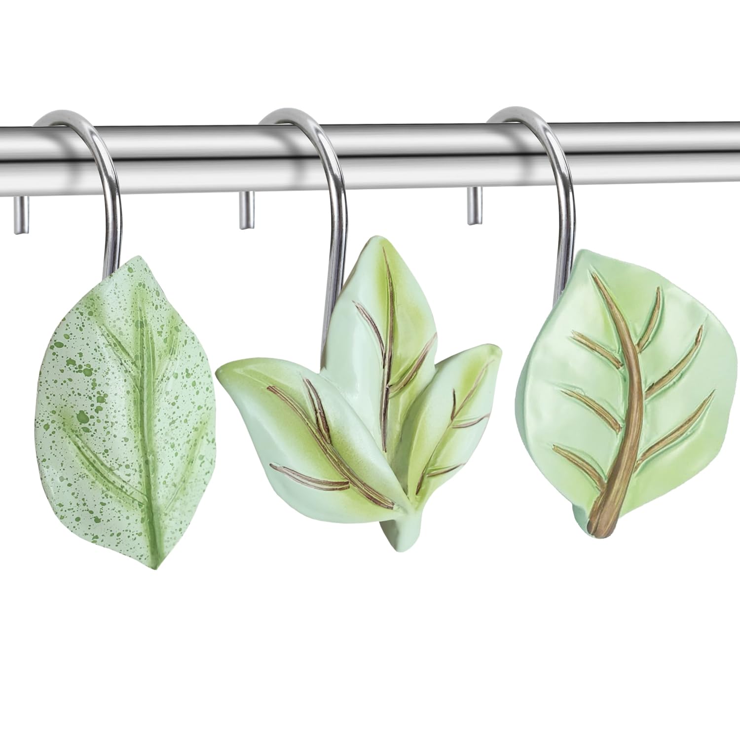 Rust-Proof Stainless Steel Leaf Shower Curtain Hooks - Set of 12 Decorative Green Plant Rings for Bathroom | Waterproof & Durable Bath Accessories for Modern Home Decor