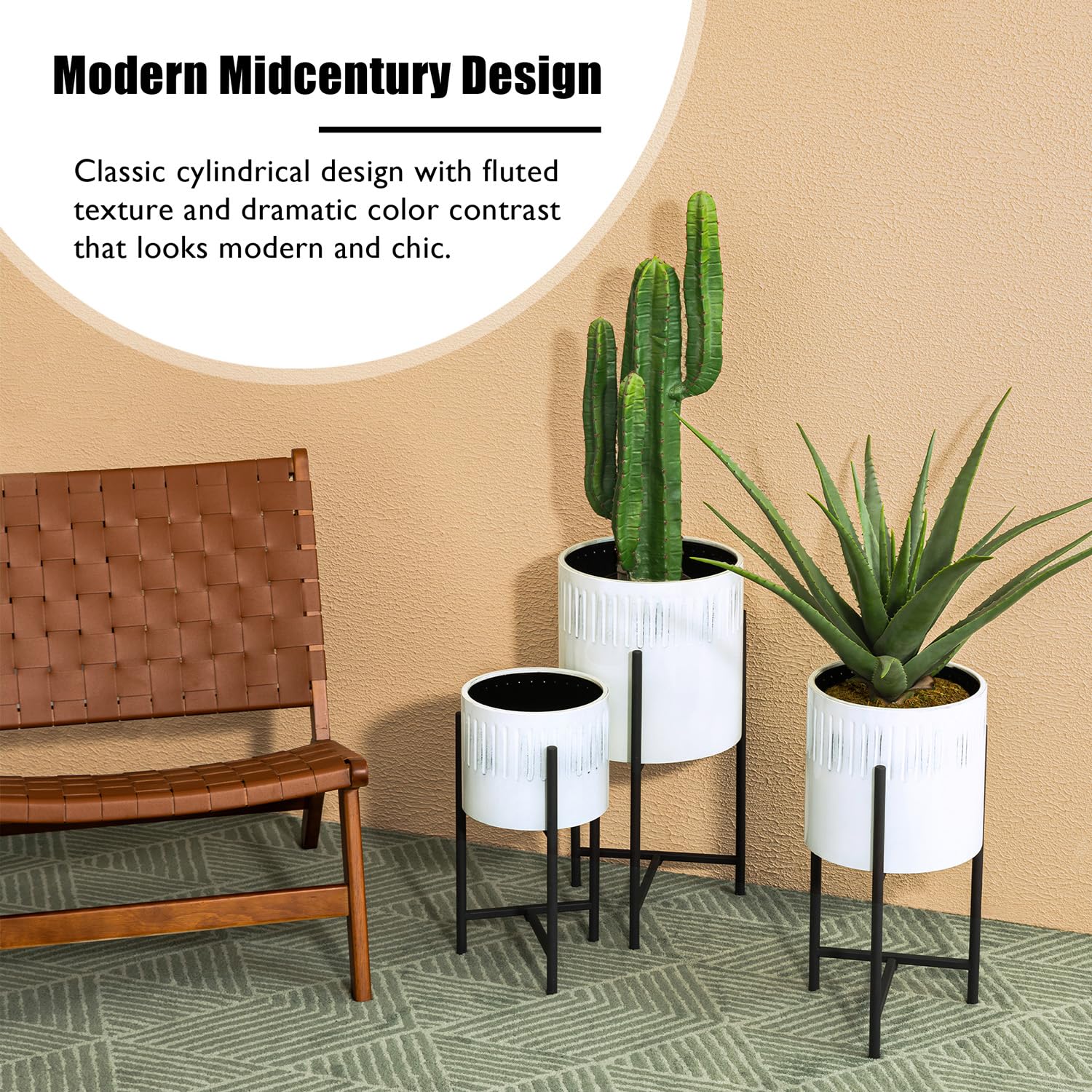 Glitzhome Mid Century Plant Stand with Pot - Set of 3 Modern Metal Planters with Stands, Flower Pot Holders for Indoor & Outdoor Plants - Perfect for Living Room, Patio, Garden Decor - White