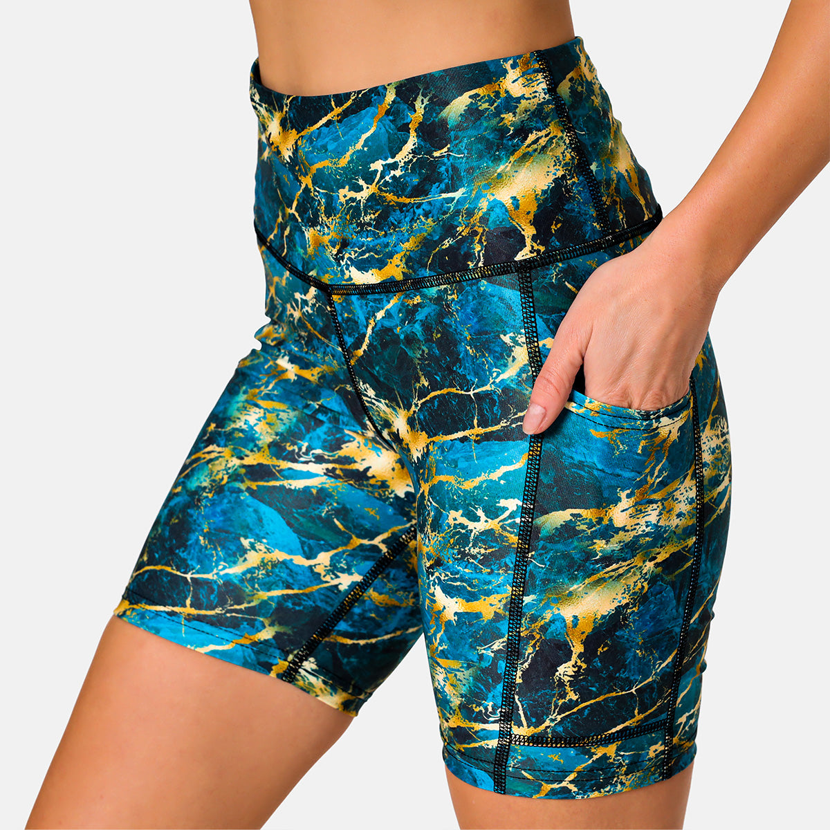 Luxury Gilded Marble Print Running Shorts for Women - High Waist Athletic Shorts with Pockets - Perfect for Gym, Yoga & Outdoor Workouts