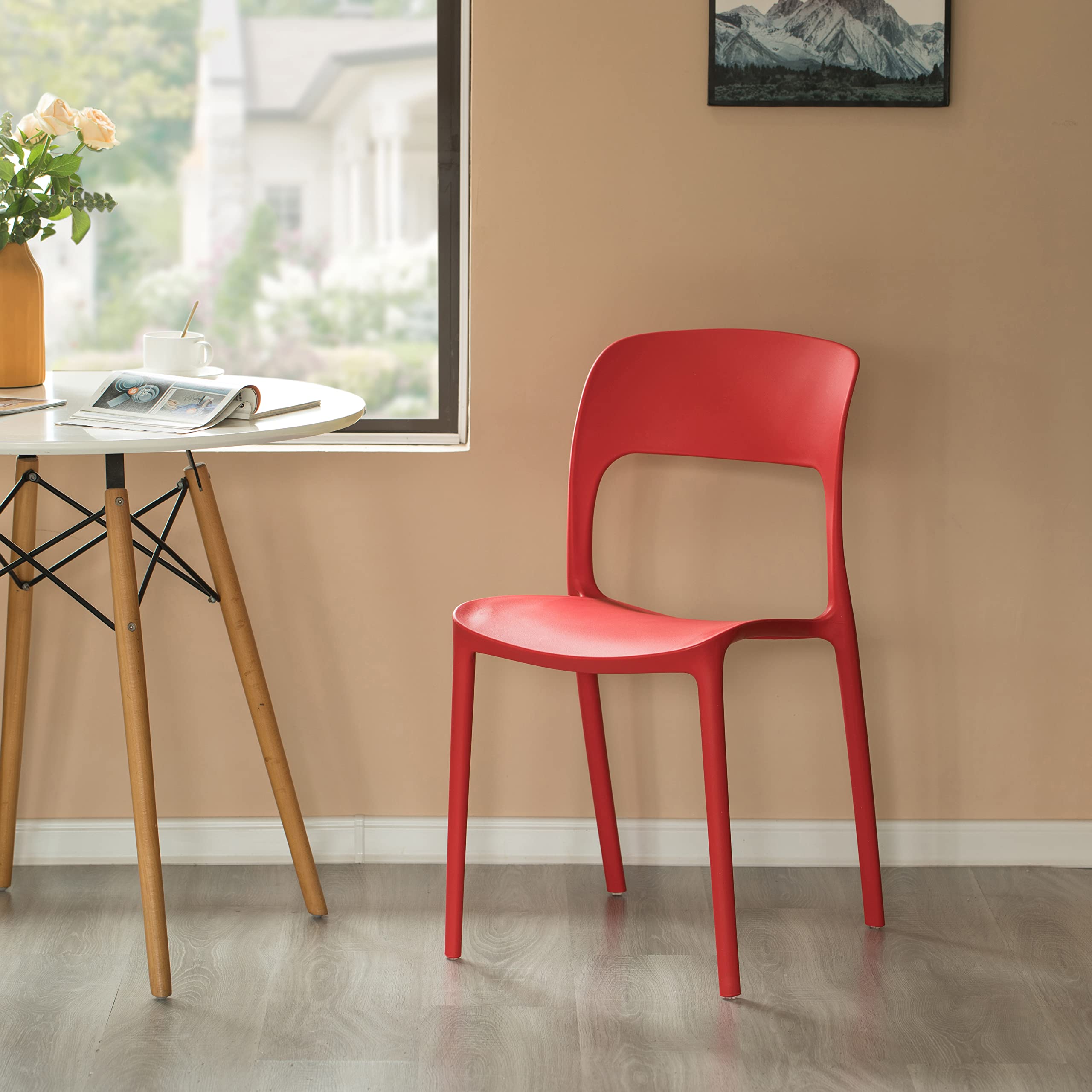 Fabulaxe 4-Piece Red Modern Plastic Outdoor Dining Chairs with Open Curved Back - Patio, Garden, Poolside & Backyard Furniture Set for Comfortable Outdoor Entertaining