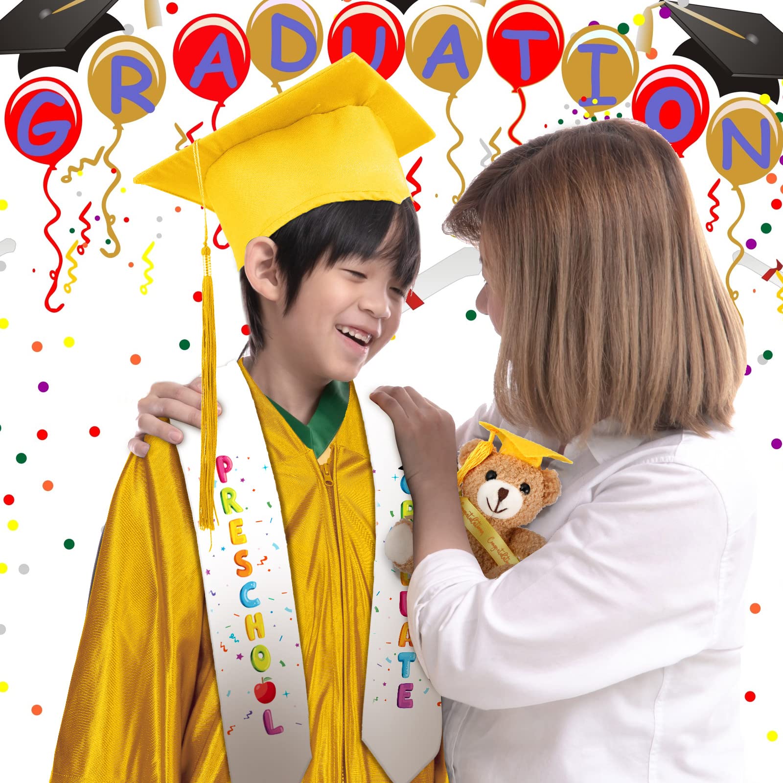 4-Piece Preschool Graduation Set - Gown, Cap with Tassel, Stole & Plush Bear | Graduation Gifts for Kids | Kindergarten & Daycare Ceremony Accessories