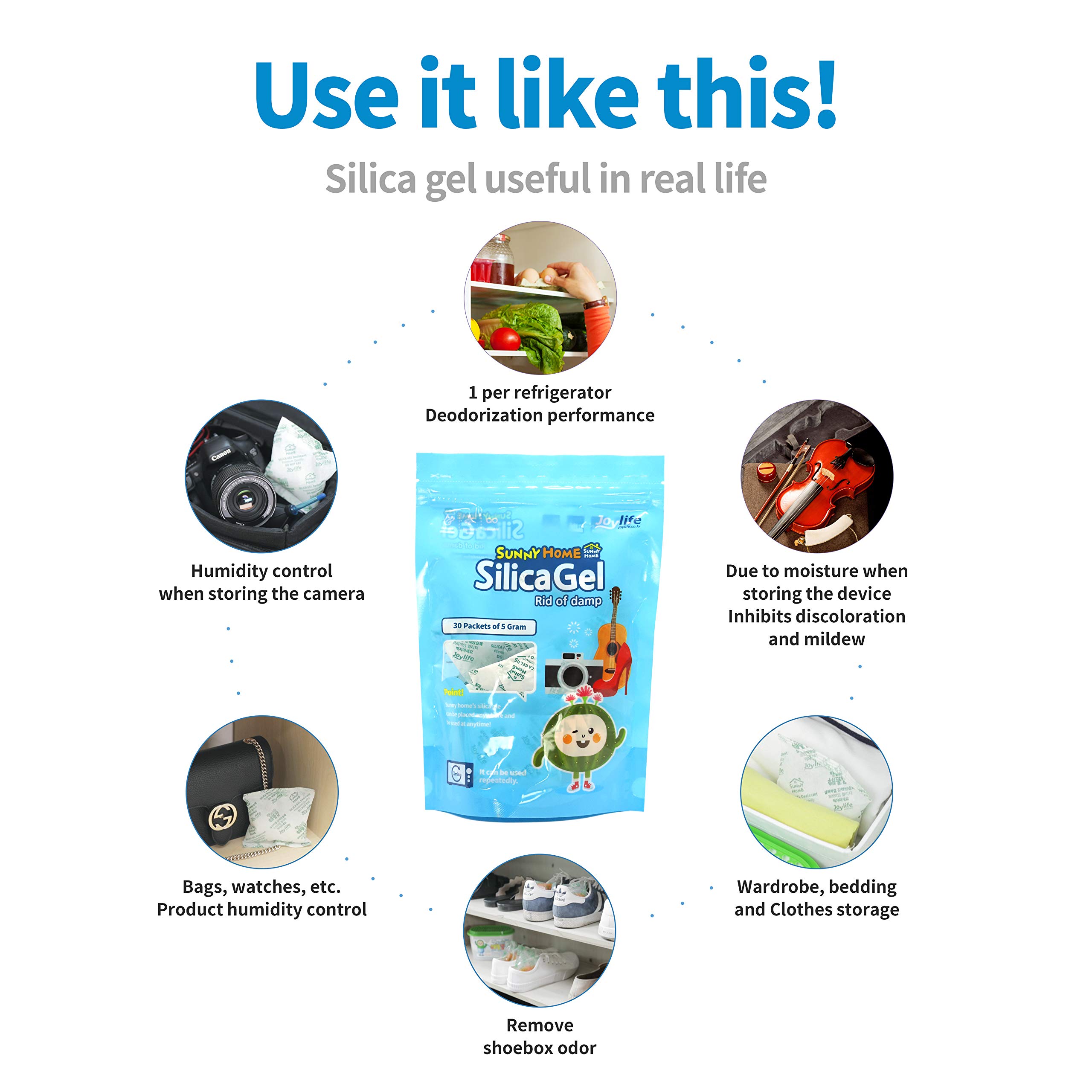 Sunny Home Pure White Silica Gel 30g - 20 Pack (Food Grade) | Rechargeable Desiccant & Moisture Absorber for Food Storage, Razors, Electronics, Fabric & Accessories | Ideal for Kitchen, Bathroom, Closet & Travel Use