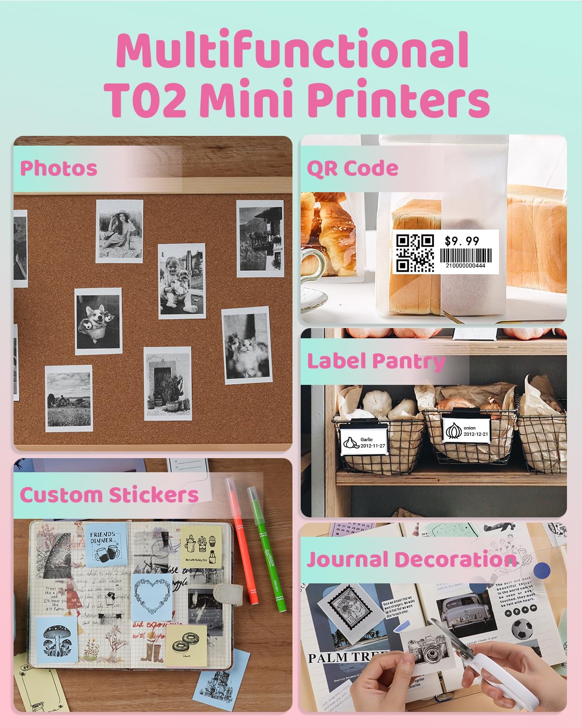Wireless Mini Sticker Printer Machine - Portable Pocket Sticker Maker for iPhone & Android, T02 Thermal Label Printer with 3 Rolls Paper for Journaling, Memos, Receipts & DIY Crafts | Perfect for Scrapbooking, Planner Decoration & Small Business Labeling