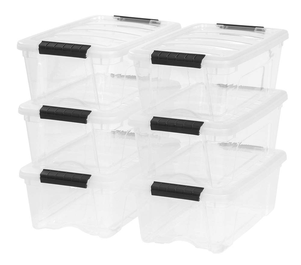IRIS USA 12 Quart & 32 Quart Stackable Plastic Storage Bins - 6-Pack Clear & Pearl Organizer Boxes with Water-Resistant Design for Home, Office, or Closet Organization