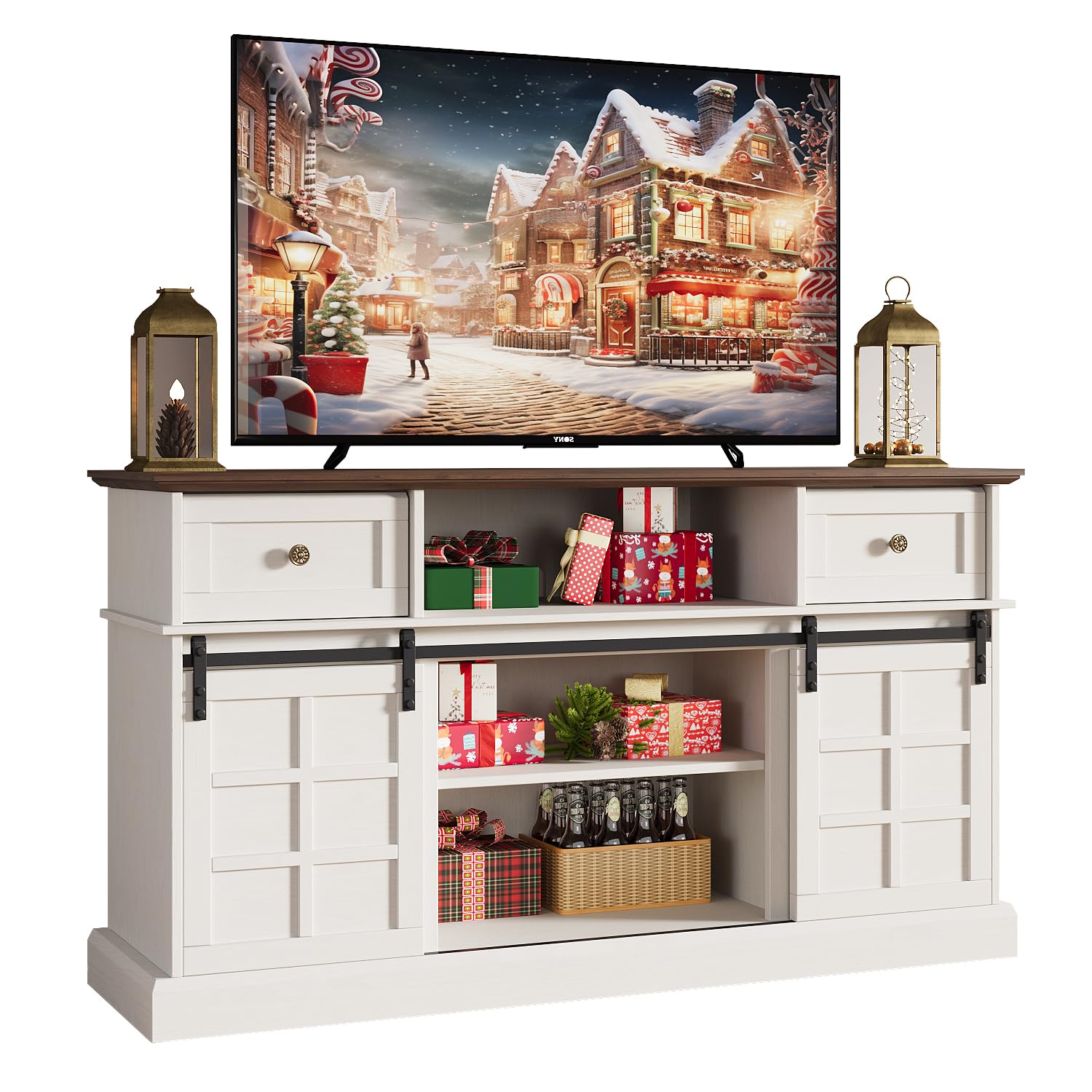 LGHM Farmhouse TV Stand - White Entertainment Center with Sliding Barn Door, Tall Console for 65 Inch TV, Ideal Media Storage with Flip Drawers - Perfect for Living Room, Home Theater & Modern Farmhouse Decor