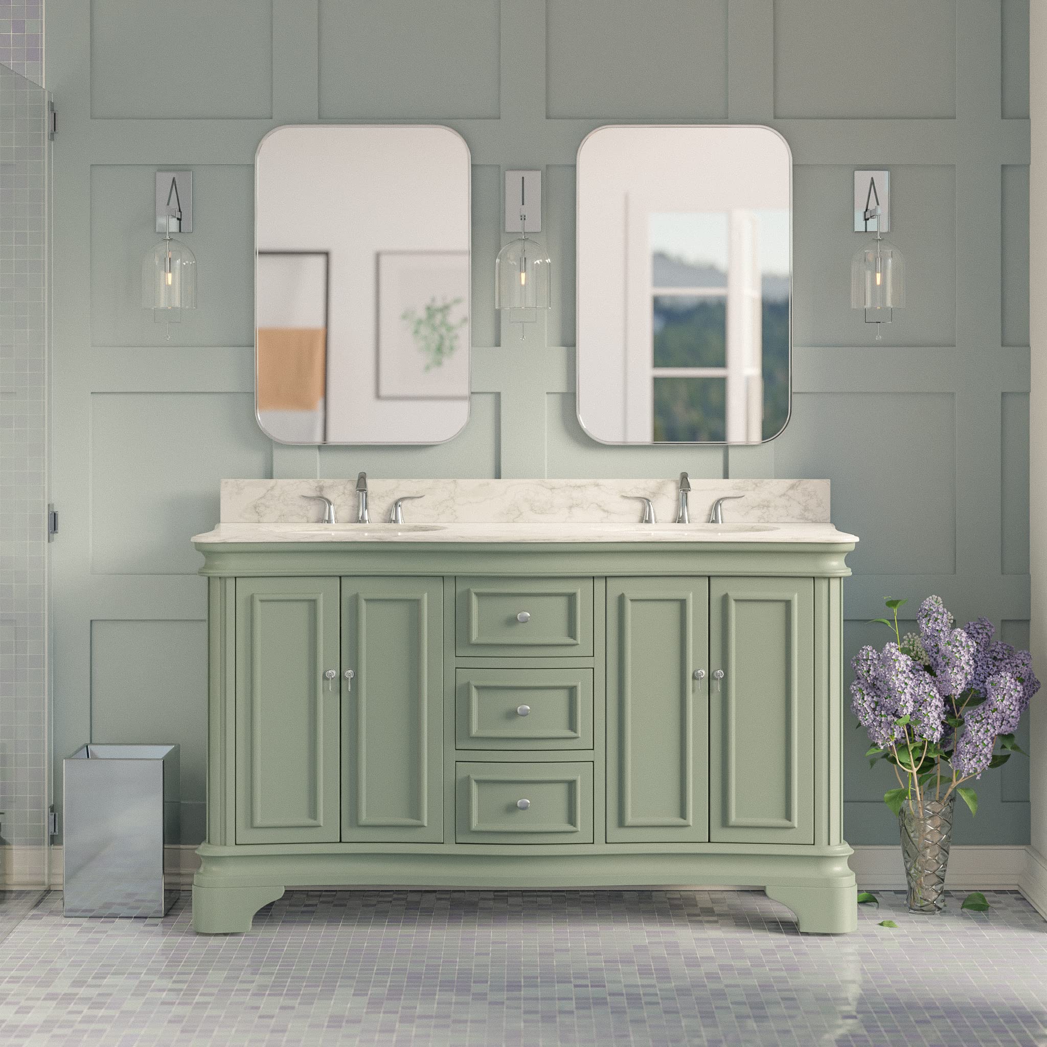 Katherine 60-inch Double Bathroom Vanity with Carrara Marble Top & Sage Green Cabinet - White Ceramic Sinks Included | Modern Bathroom Storage Solution for Master Bath & Guest Bath Renovation