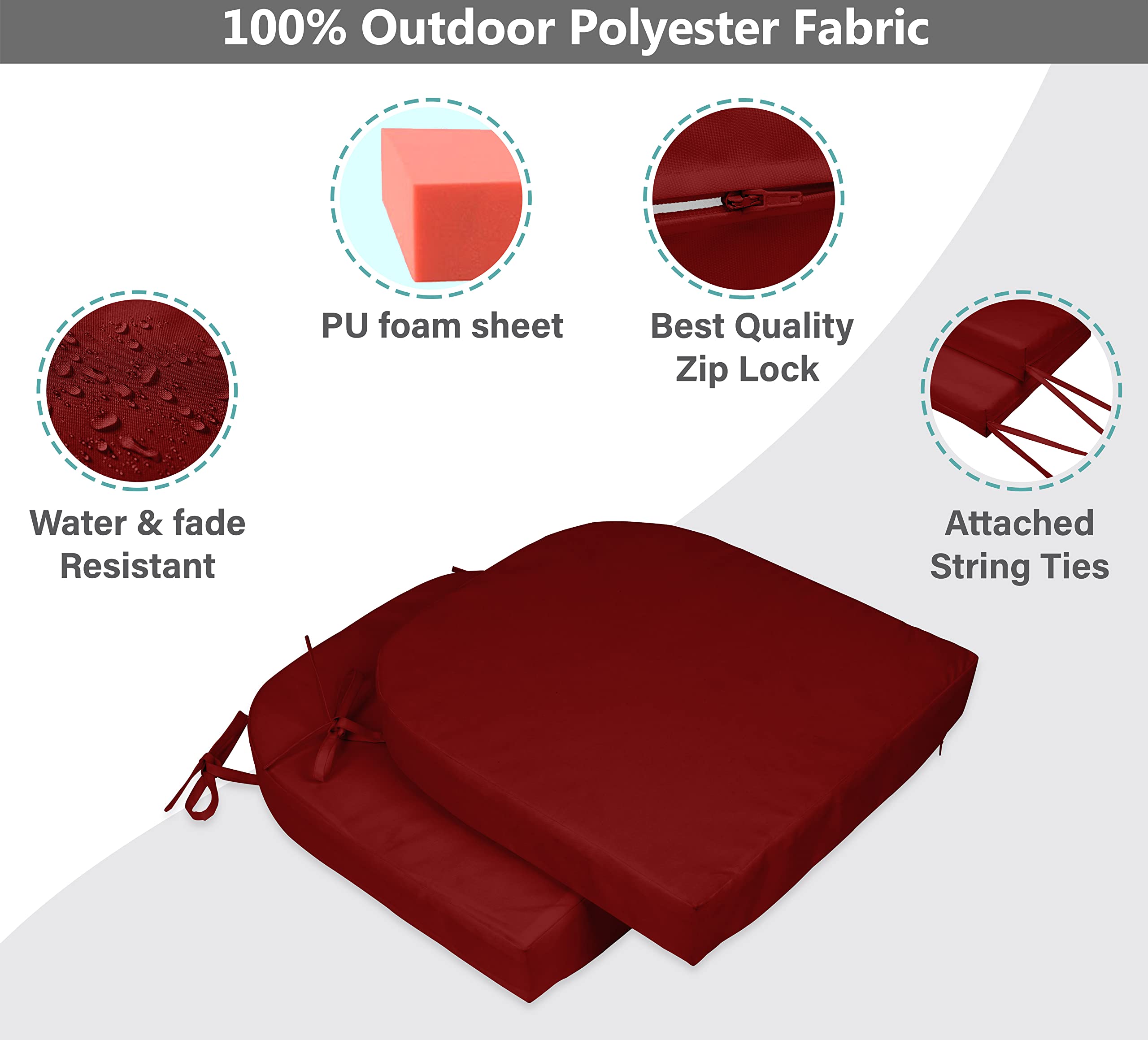 Premium Indoor/Outdoor Chair Cushions Set of 2 - 16x18 Inch Rounded Back Patio Seat Cushions with Ties for Garden Furniture, Deck Chairs & Home Decor (Red) - Perfect for Backyard Lounging, Poolside Relaxation & Outdoor Dining