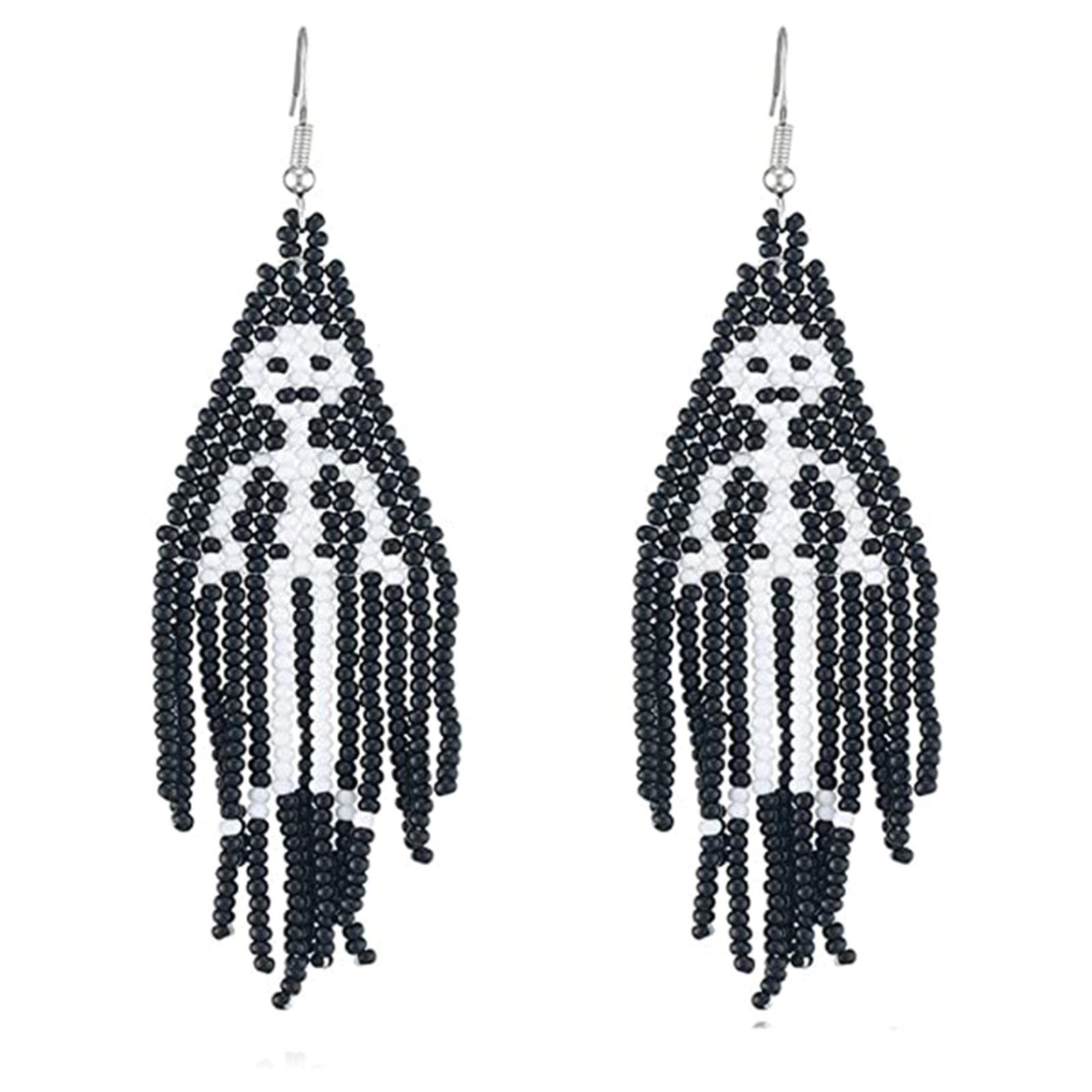 Spooky Halloween Pumpkin Ghost Seed Beaded Dangle Earrings | Handmade Skeleton Tassel Dangling Earrings | Colorful Beaded Jewelry for Women & Girls | Perfect for Halloween Parties & Costume Accessories