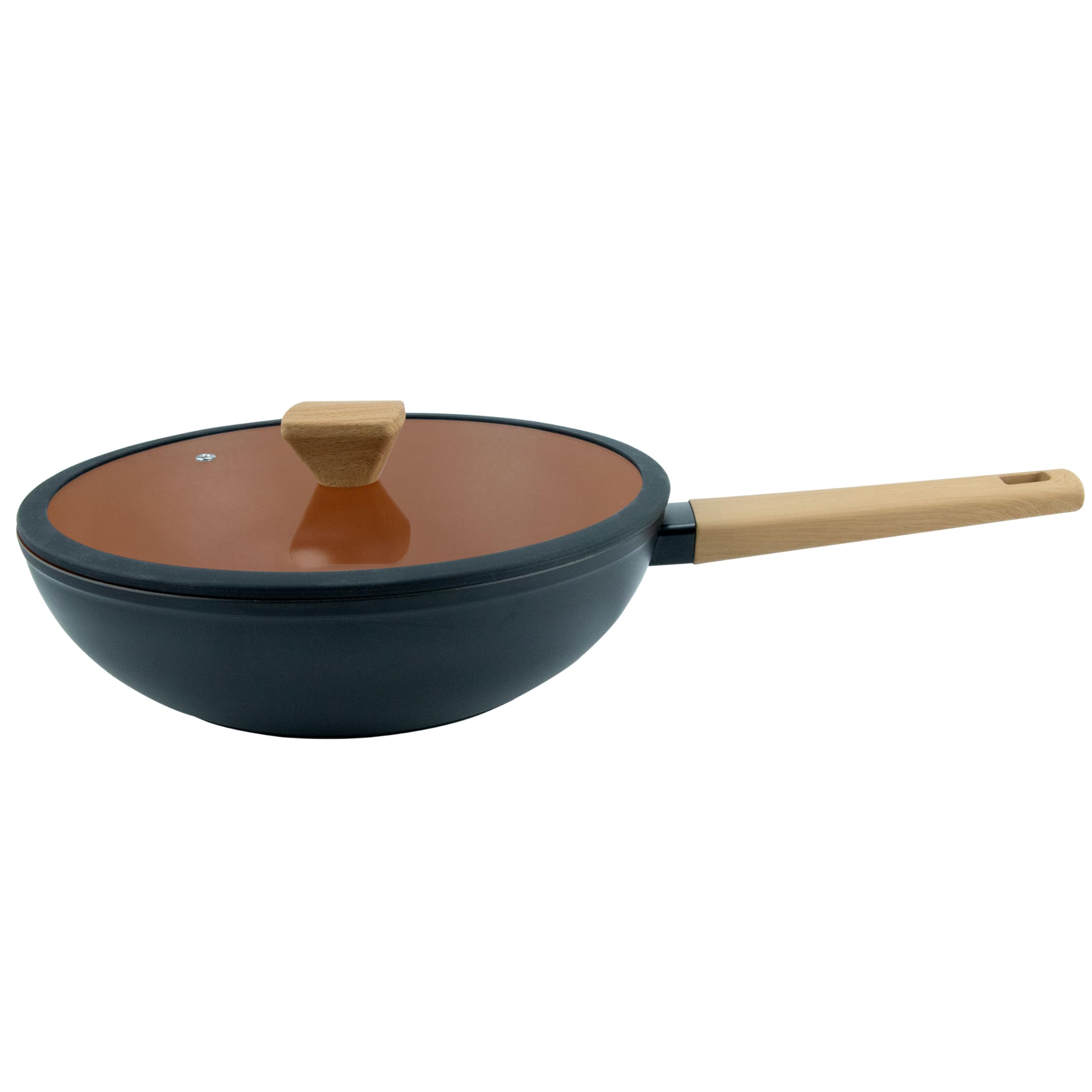Non-Stick Ceramic Coated Aluminum Wok Pan with Glass Lid - 28cm Black Fracalanza - Full Fit - Perfect for Stir-Frying, Sautéing, and Asian Cooking