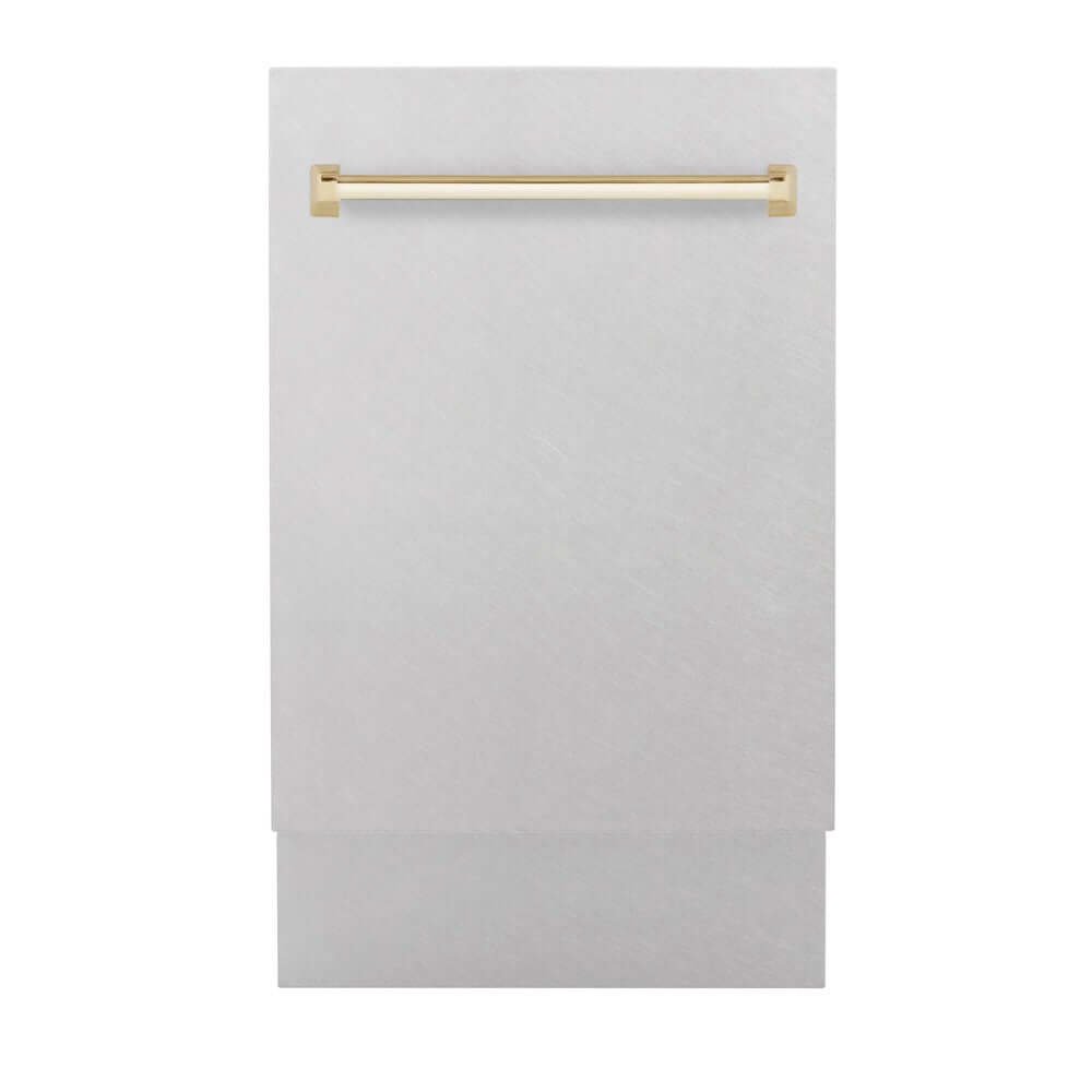 ZLINE Autograph Edition 18-inch Built-In Dishwasher with Satin Stainless Steel Panel & Polished Gold Handle - Tallac Series 3rd Rack, Top Control, Ultra Quiet 51dBa (DWVZ SN 18 G) - Perfect for Modern Kitchens and Luxury Home Renovations