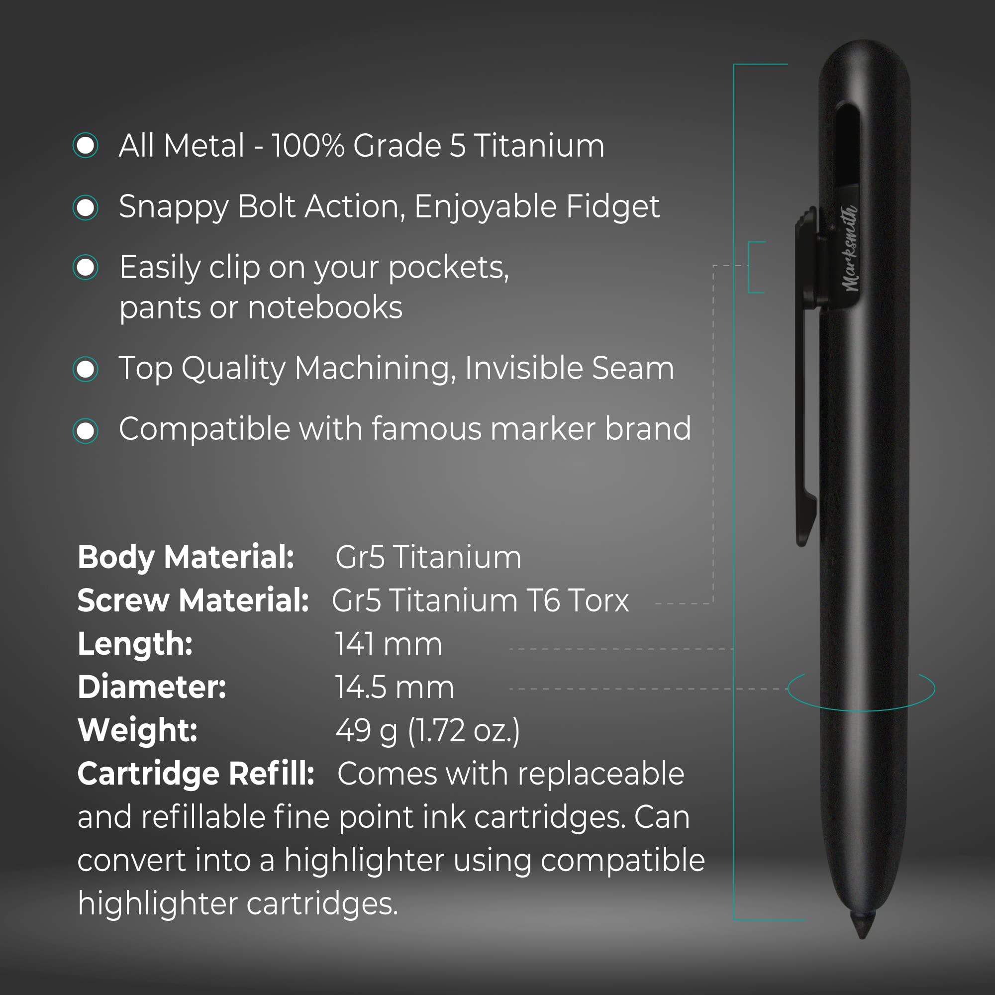 MARKSMITH Titanium Retractable Permanent Marker - Matte Black Fine Point EDC Pen | One-Handed Bolt Action for Writing on Any Surface | Ideal for Professionals, Artists, Engineers & Outdoor Enthusiasts | Perfect for Office Work, Sketching, Field Notes & Everyday Carry