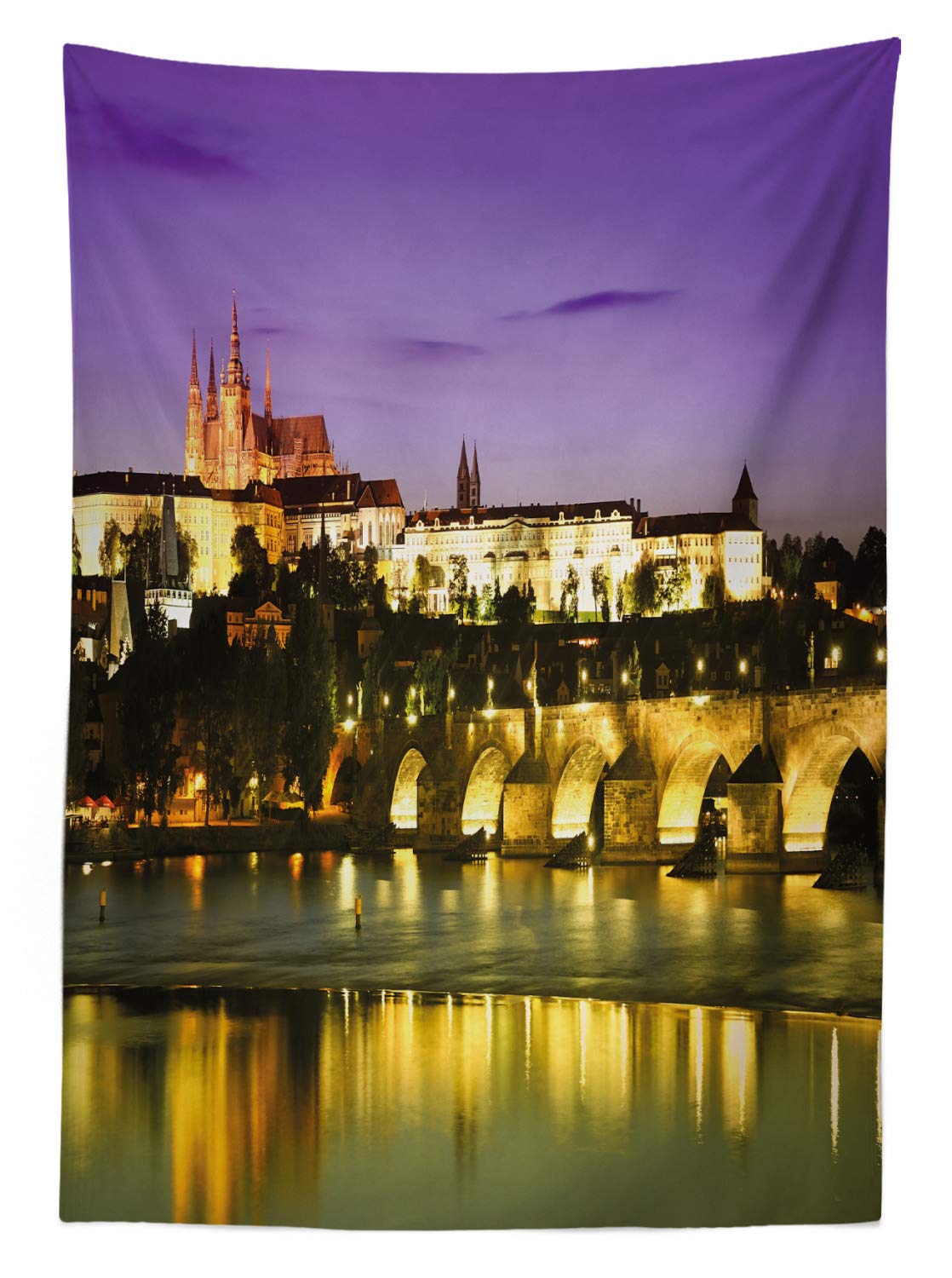 Ambesonne Waterproof Outdoor Tablecloth - Charles Bridge Prague Czech Republic Landmark Design - 58x84 Inch Washable Picnic Blanket for Camping, Beach & Backyard Parties - Purple Yellow Brown European Castle View Decorative Table Cover