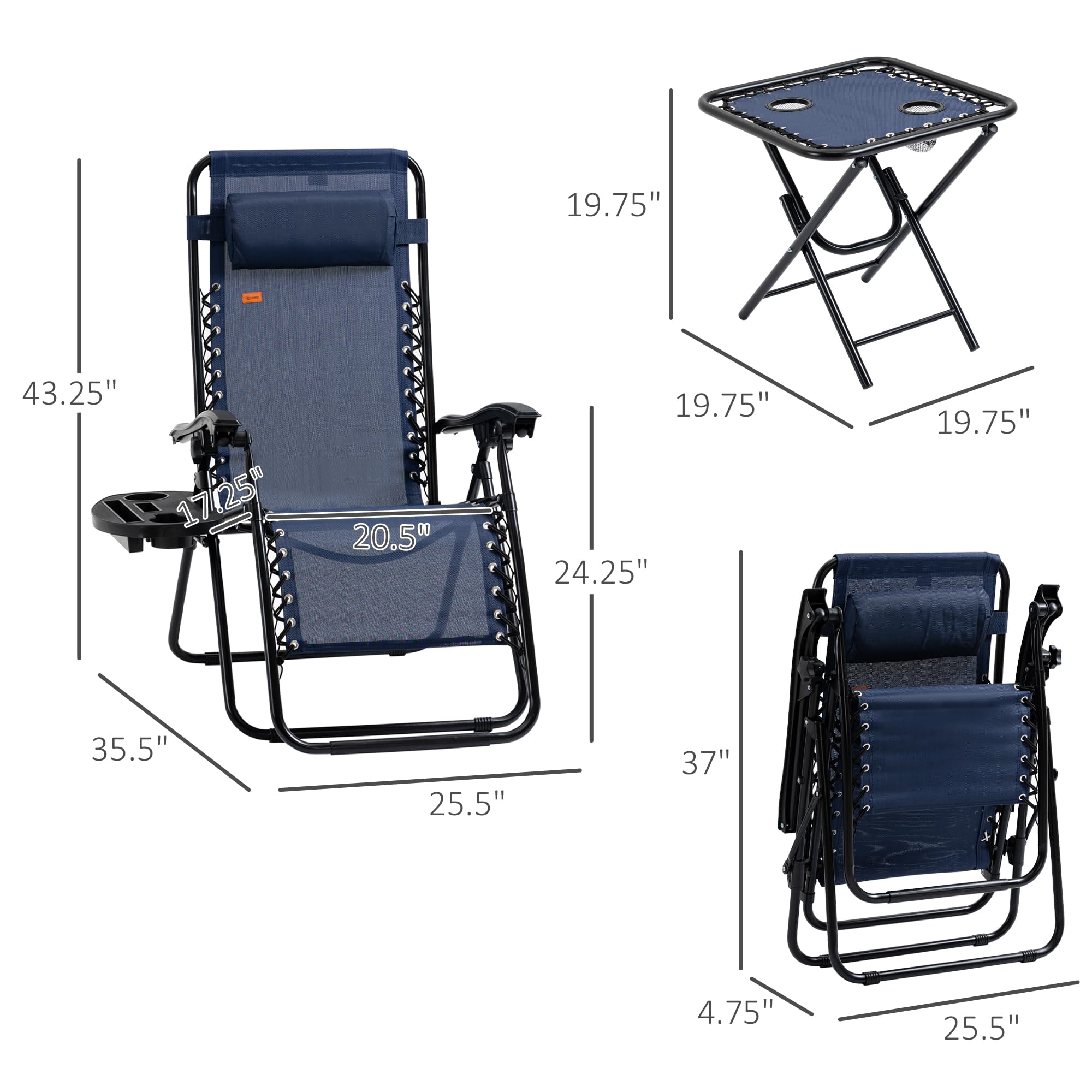 Outsunny Zero Gravity Reclining Lounge Chair Set with Side Table & Cup Holders - Adjustable Folding Outdoor Chair with Pillows for Pool, Backyard, Beach, Patio - Perfect for Relaxing, Sunbathing & Outdoor Lounging