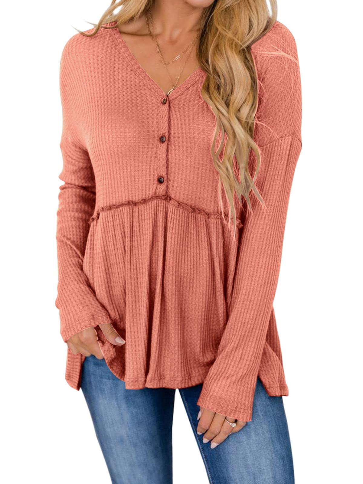 PINKMSTYLE Women's Long Sleeve V-Neck Button Up Blouse with Ruffle & Peplum - Stylish Waffle Knit Tunic Top for Work, Date Night & Casual Outfits