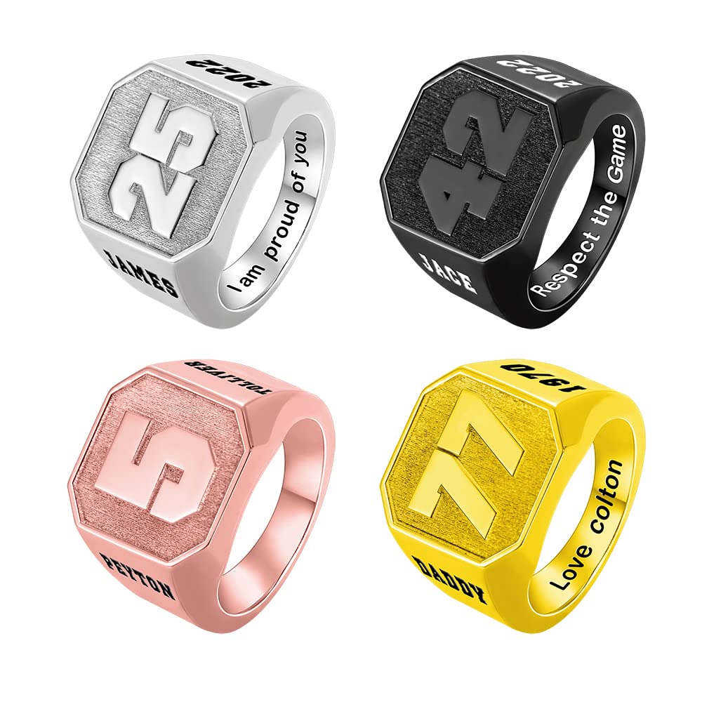 Custom Engraved Lucky Number Rings for Men - 925 Sterling Silver & Brass Personalized Name/Year Signet Rings - Perfect Baseball, Basketball, Football, Hockey Jewelry Gifts for Sports Lovers - Ideal for Dad, Father, Brother Birthday & Anniversary Presents - Great for Game Days, Fan Events & Special Occasions