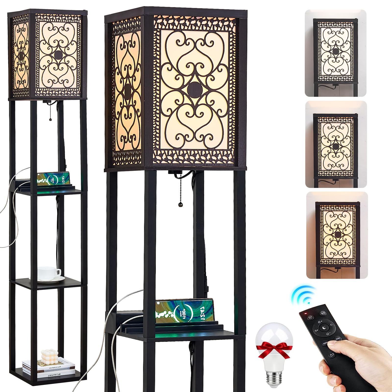 LOKHOM Vintage Carved Floor Lamp with Shelves - Remote Control, USB A/C Ports & AC Outlet, 3 Color Temperature Dimmable Standing Lamp for Living Room, Bedroom | Perfect for Reading, Relaxing & Displaying Decor