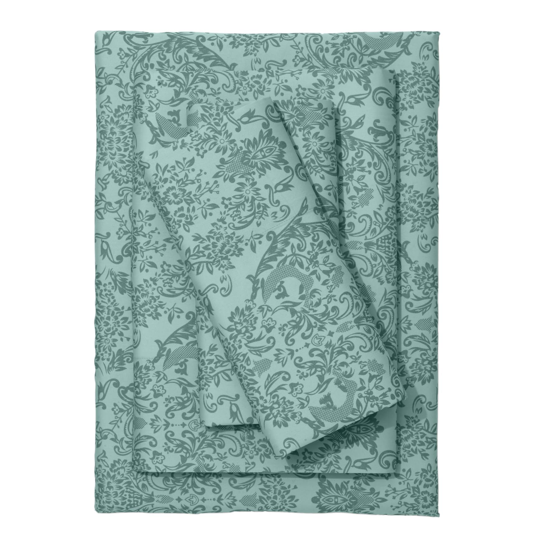 BrylaneHome Printed Damask 6-Piece King Size Sheet Set - Seaglass Damask Pattern | Luxury Bedding for Master Bedroom & Guest Room