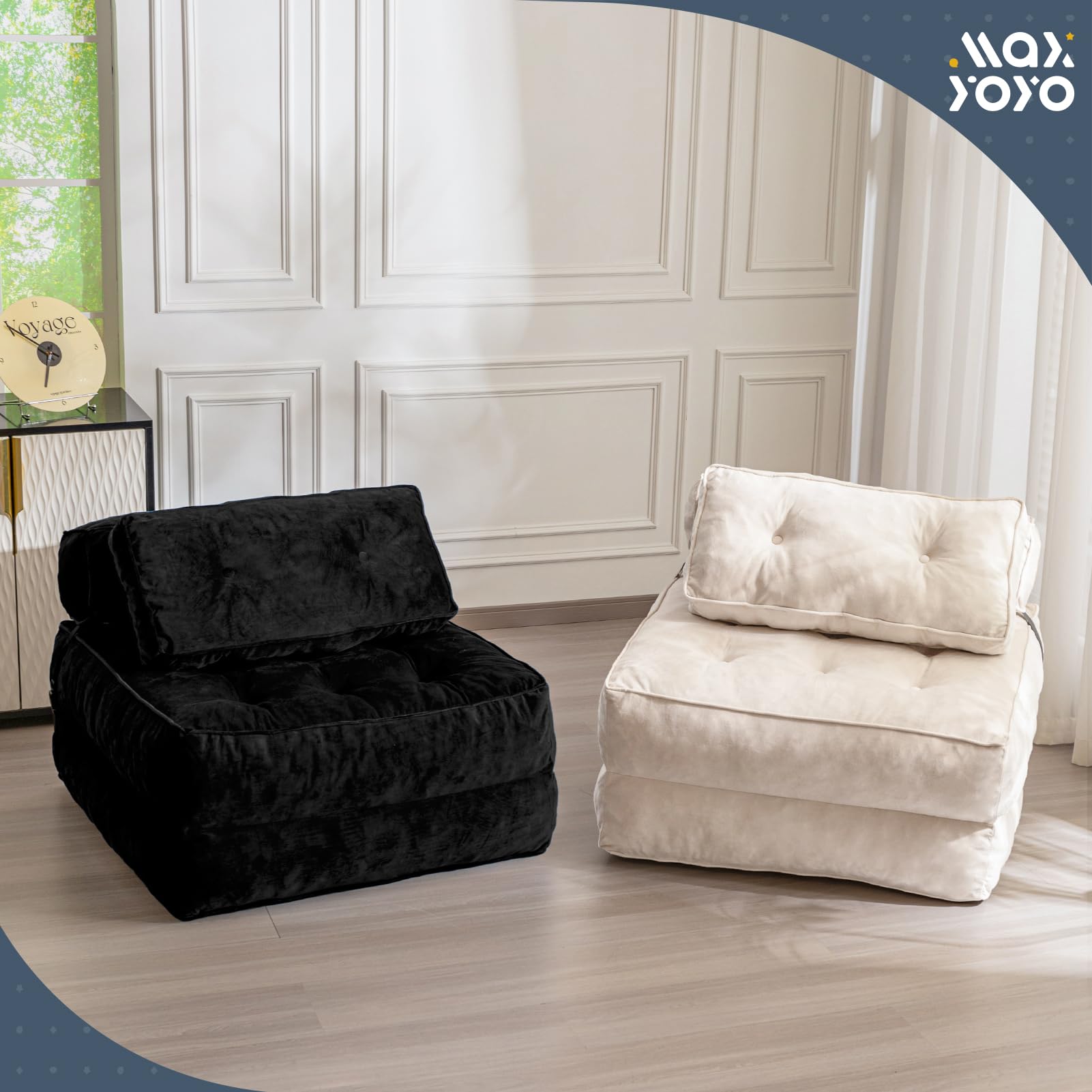 MAXYOYO Velvet Convertible Sleeper Sofa Bed - Foldable Futon Chair with Pillow for Small Spaces, Guest Room & Apartment - Portable Fold Out Bed in Black - Perfect for Living Room, Studio & Dorm
